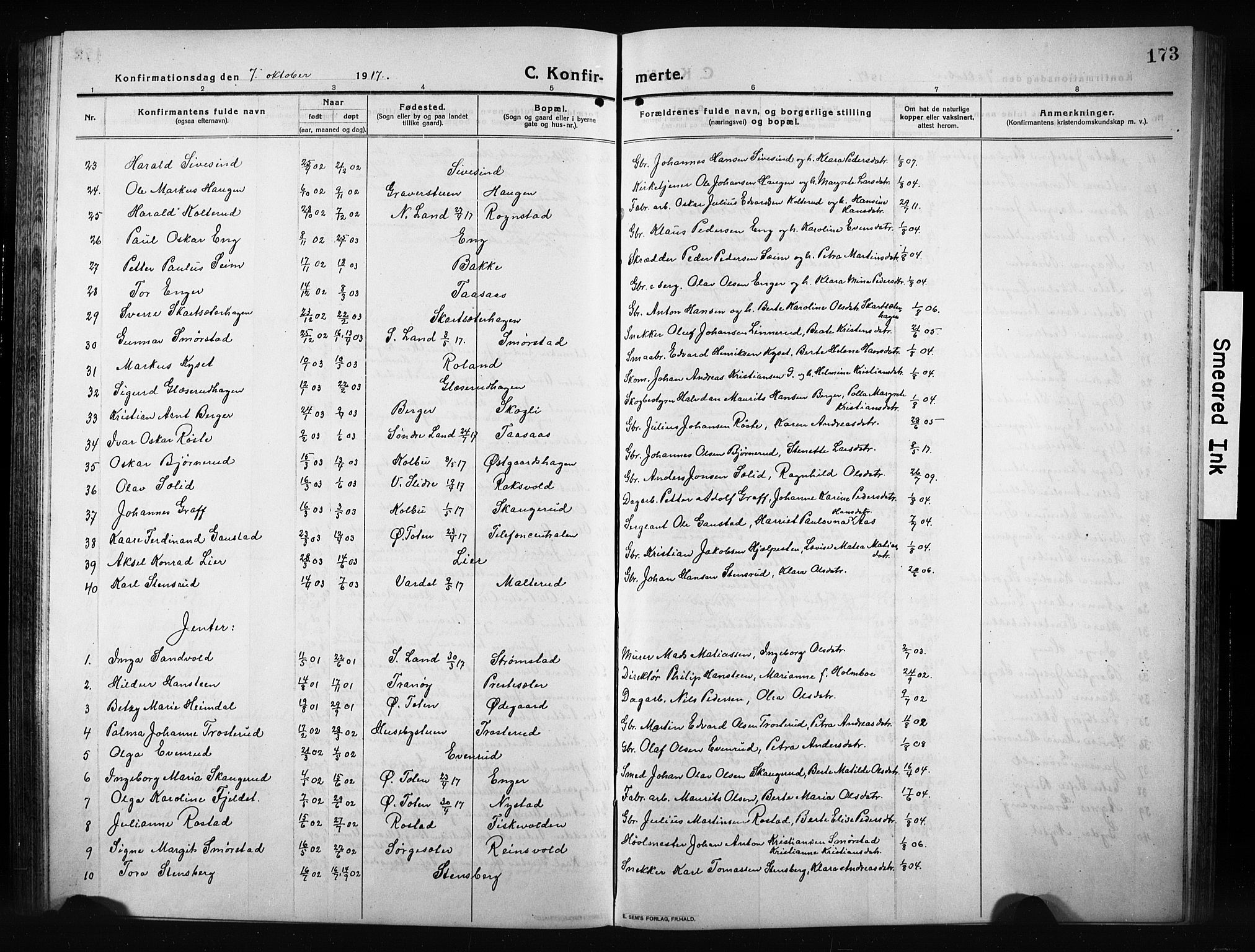 Vestre Toten prestekontor, AV/SAH-PREST-108/H/Ha/Hab/L0012: Klokkerbok nr. 12, 1909-1928, s. 173
