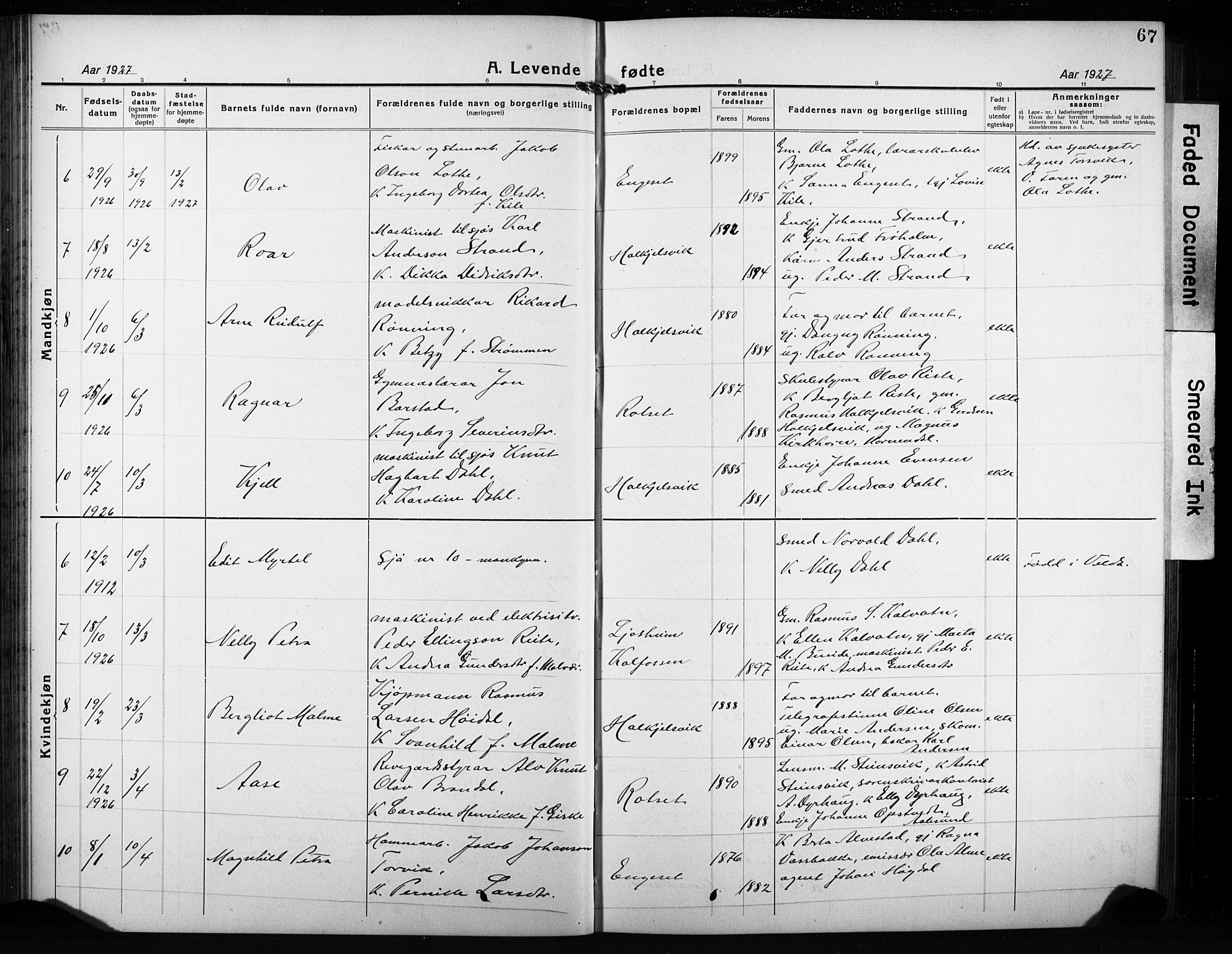 Ministerialprotokoller, klokkerbøker og fødselsregistre - Møre og Romsdal, AV/SAT-A-1454/511/L0160: Klokkerbok nr. 511C06, 1920-1932, s. 67