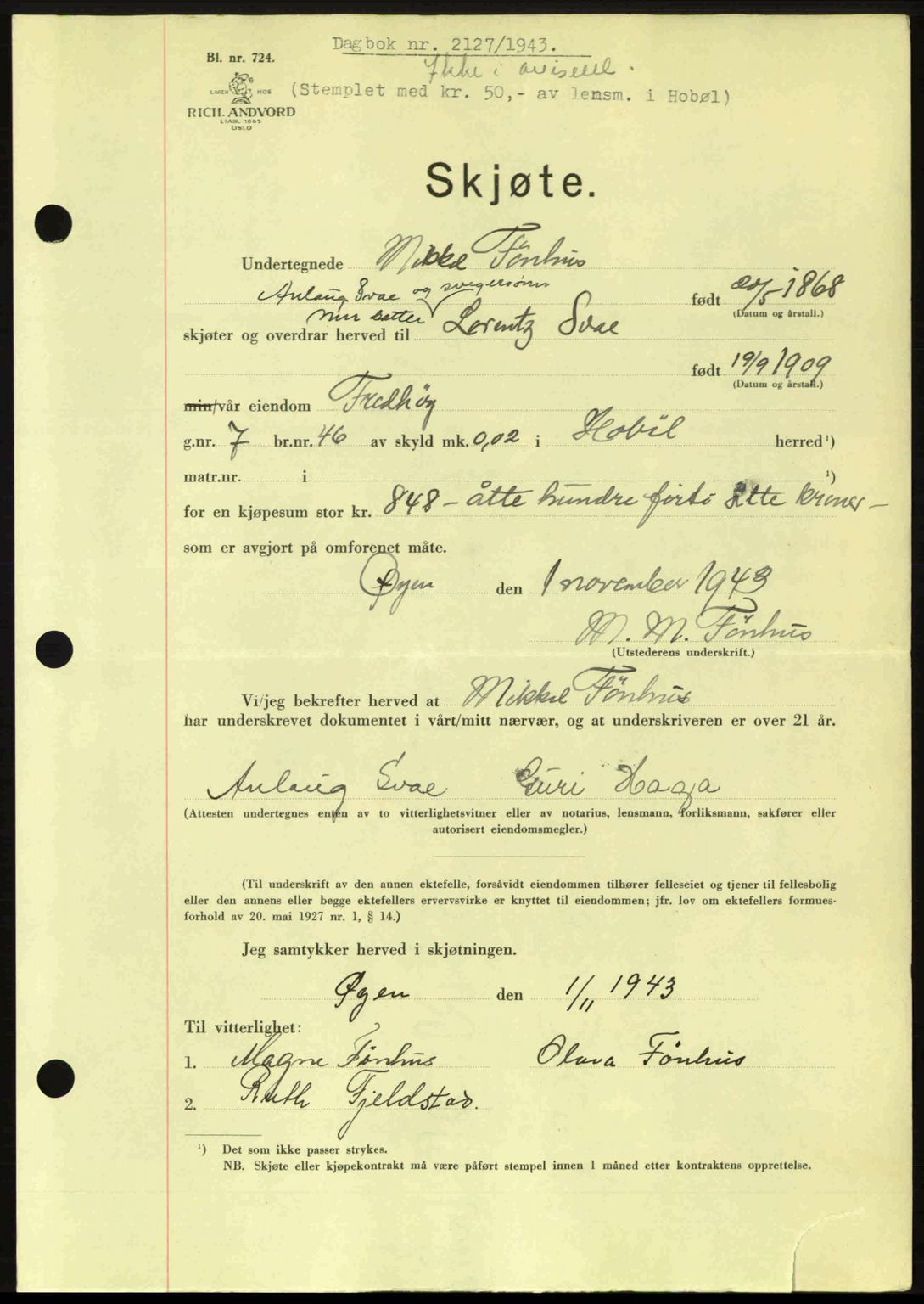 Moss sorenskriveri, SAO/A-10168: Pantebok nr. A12, 1943-1944, Dagboknr: 2127/1943