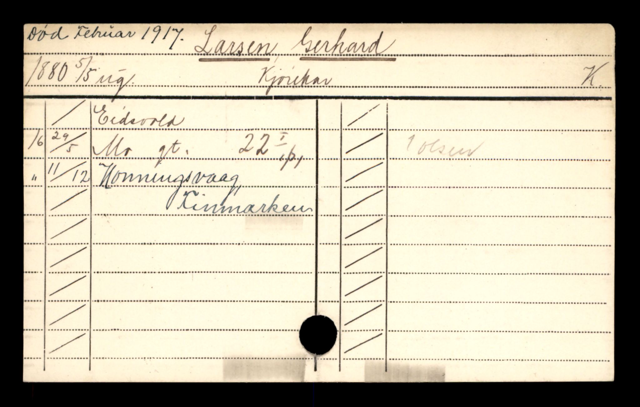 Oslo folkeregister, Registerkort, AV/SAO-A-11715/D/Da/L0055: Menn: Larsen Gerhard - Larsen Ludvig, 1906-1919