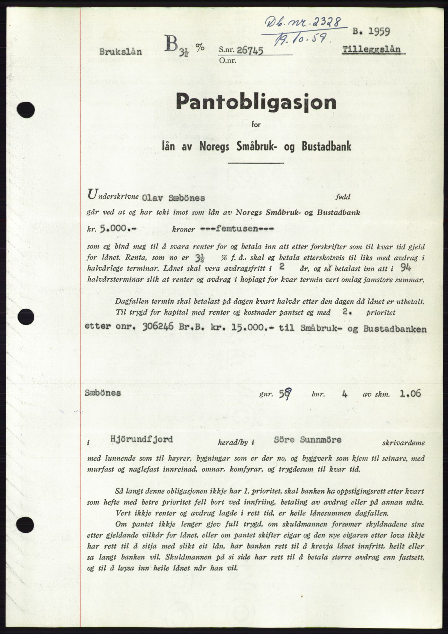 Søre Sunnmøre sorenskriveri, SAT/A-4122/1/2/2C/L0133: Pantebok nr. 21B, 1959-1959, Dagboknr: 2328/1959