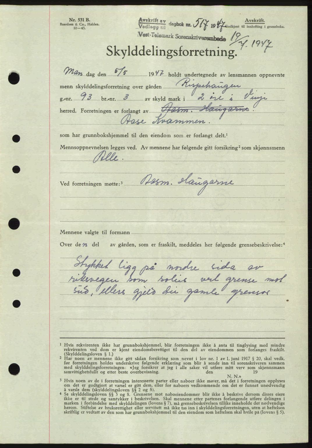 Vest-Telemark sorenskriveri, SAKO/A-134/G/Ga/Gac/L0008: Pantebok nr. A-8, 1947-1948, Dagboknr: 517/1947