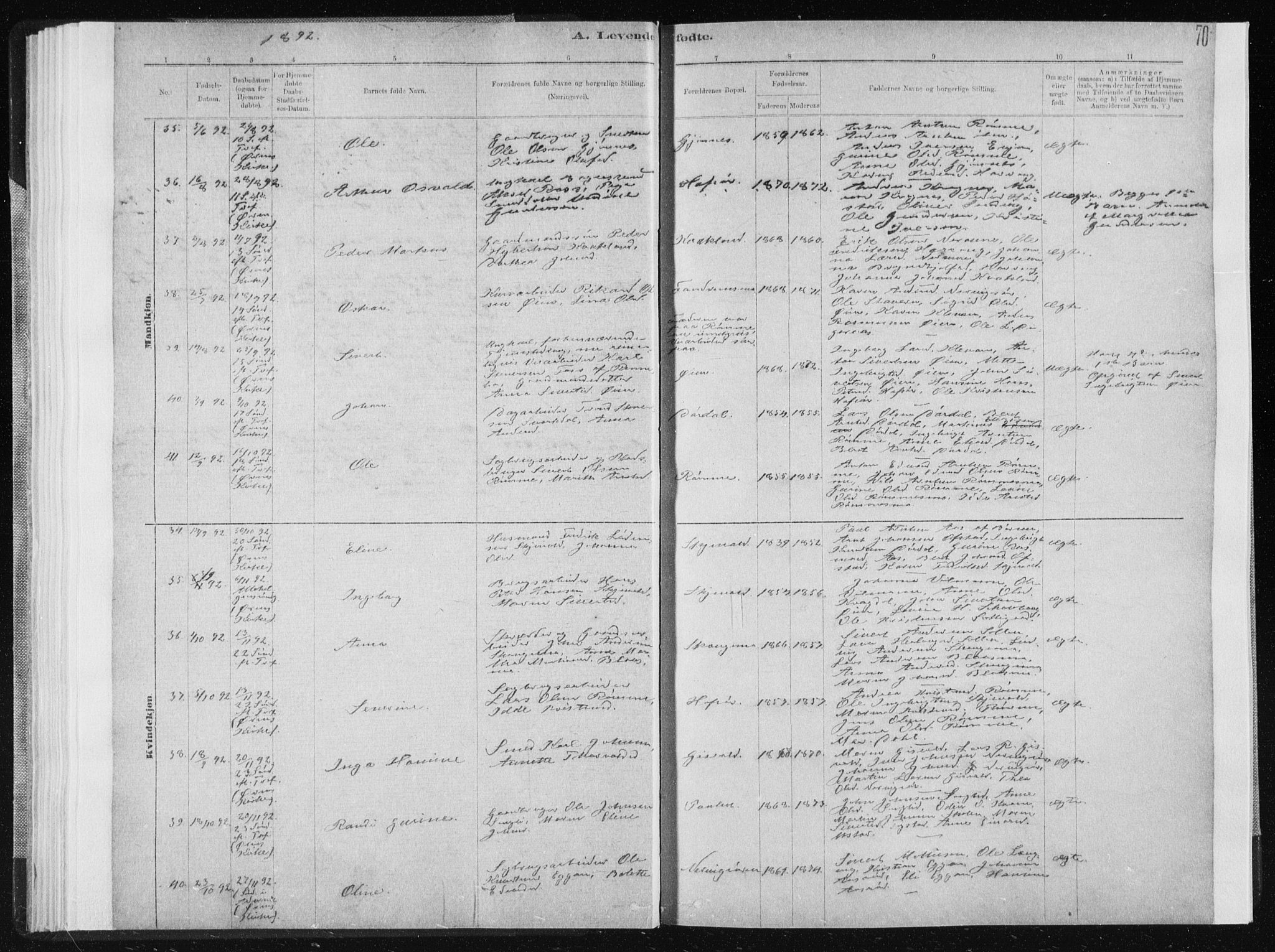 Ministerialprotokoller, klokkerbøker og fødselsregistre - Sør-Trøndelag, AV/SAT-A-1456/668/L0818: Klokkerbok nr. 668C07, 1885-1898, s. 70