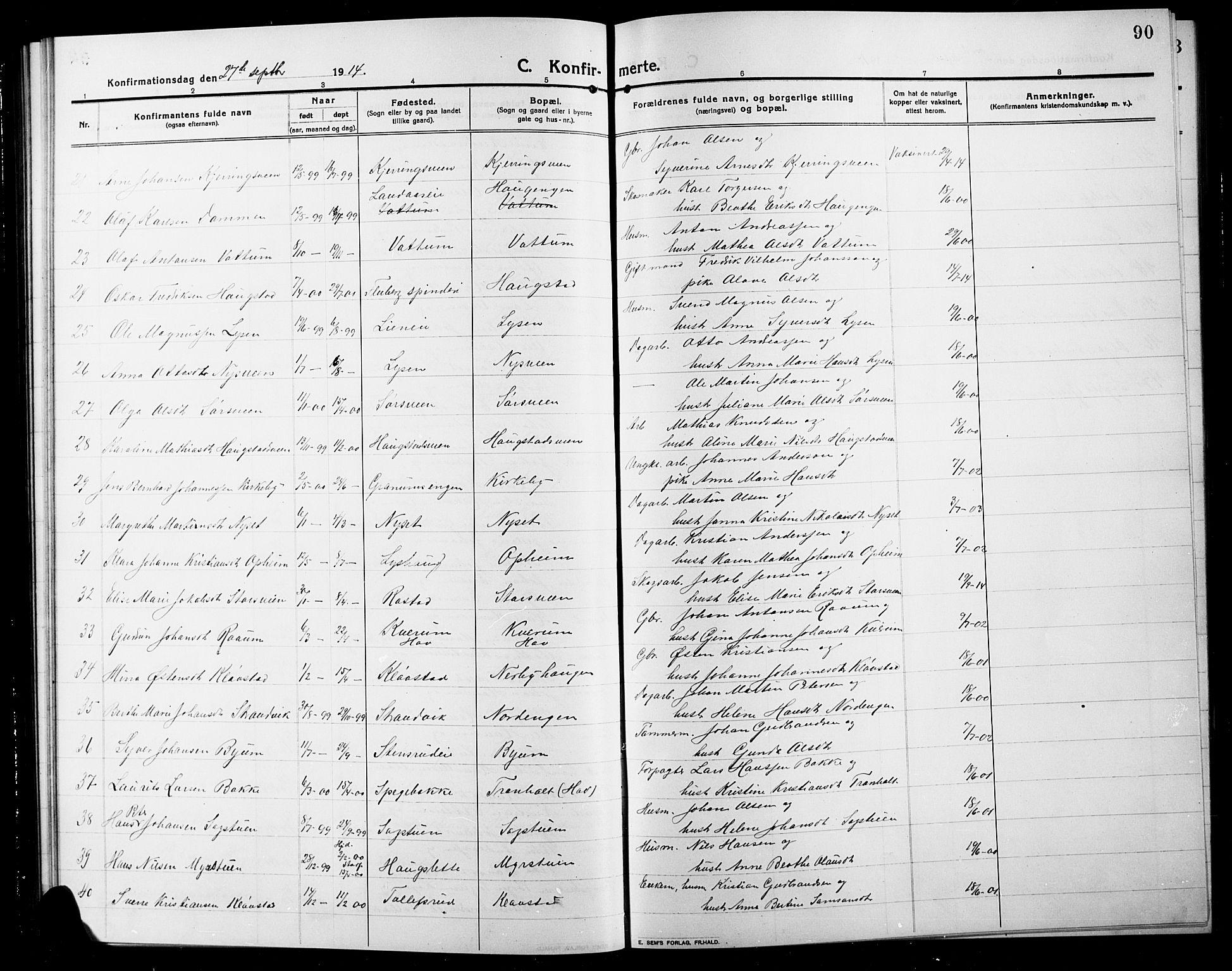 Søndre Land prestekontor, AV/SAH-PREST-122/L/L0006: Klokkerbok nr. 6, 1912-1925, s. 90