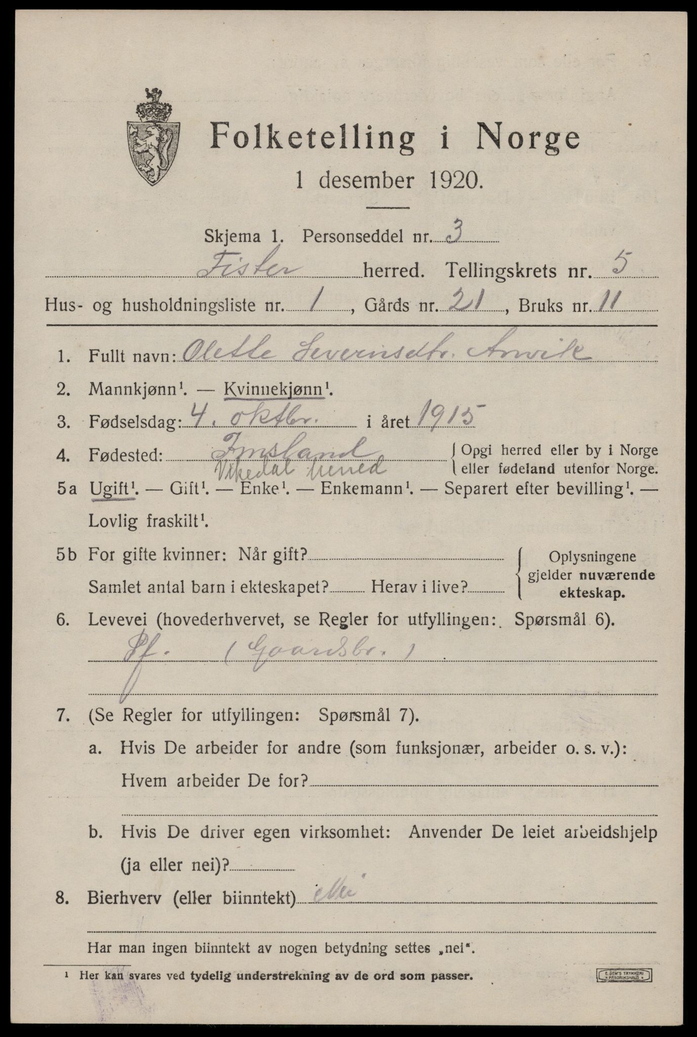 SAST, Folketelling 1920 for 1132 Fister herred, 1920, s. 1277