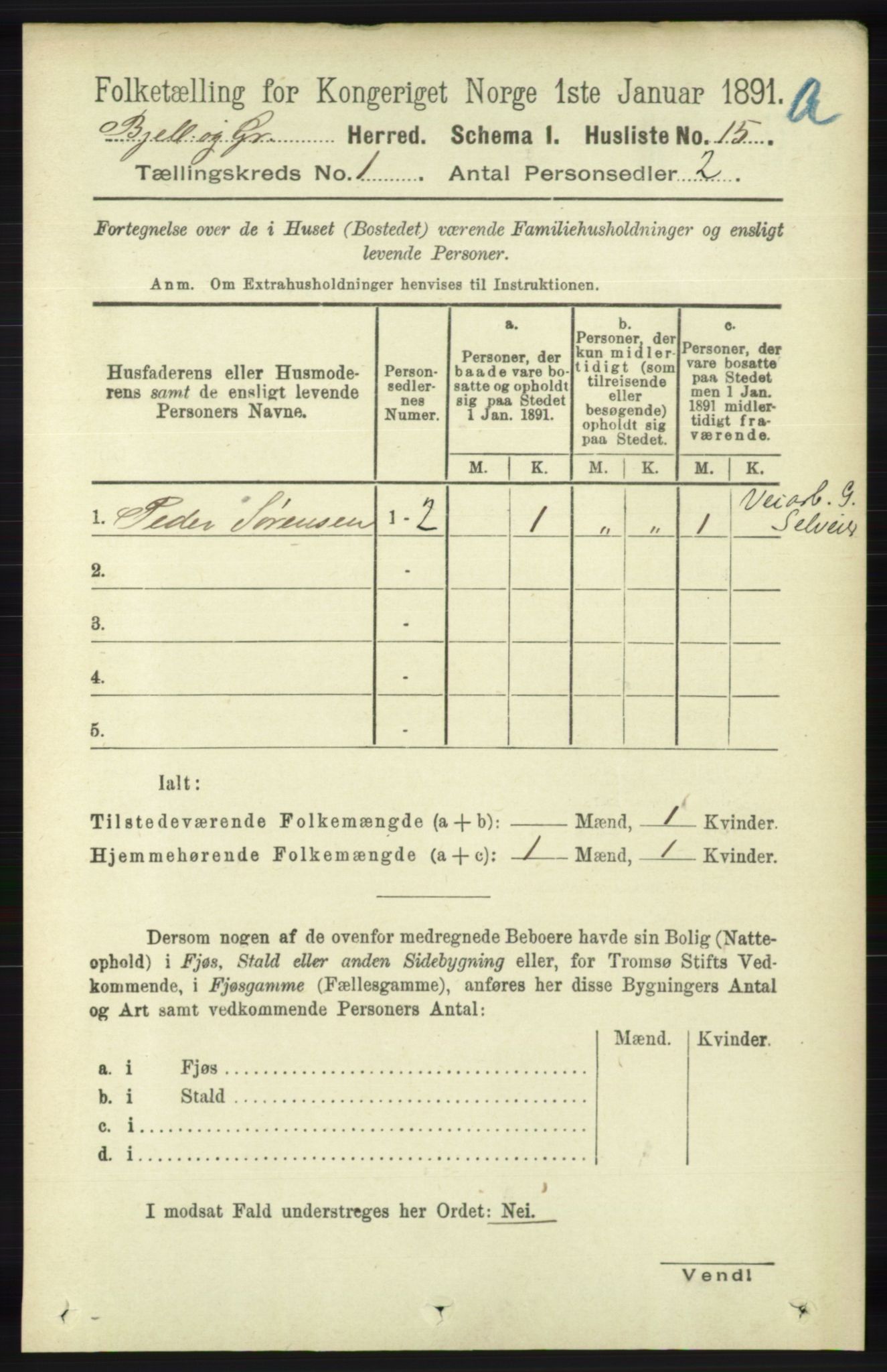 RA, Folketelling 1891 for 1024 Bjelland og Grindheim herred, 1891, s. 37