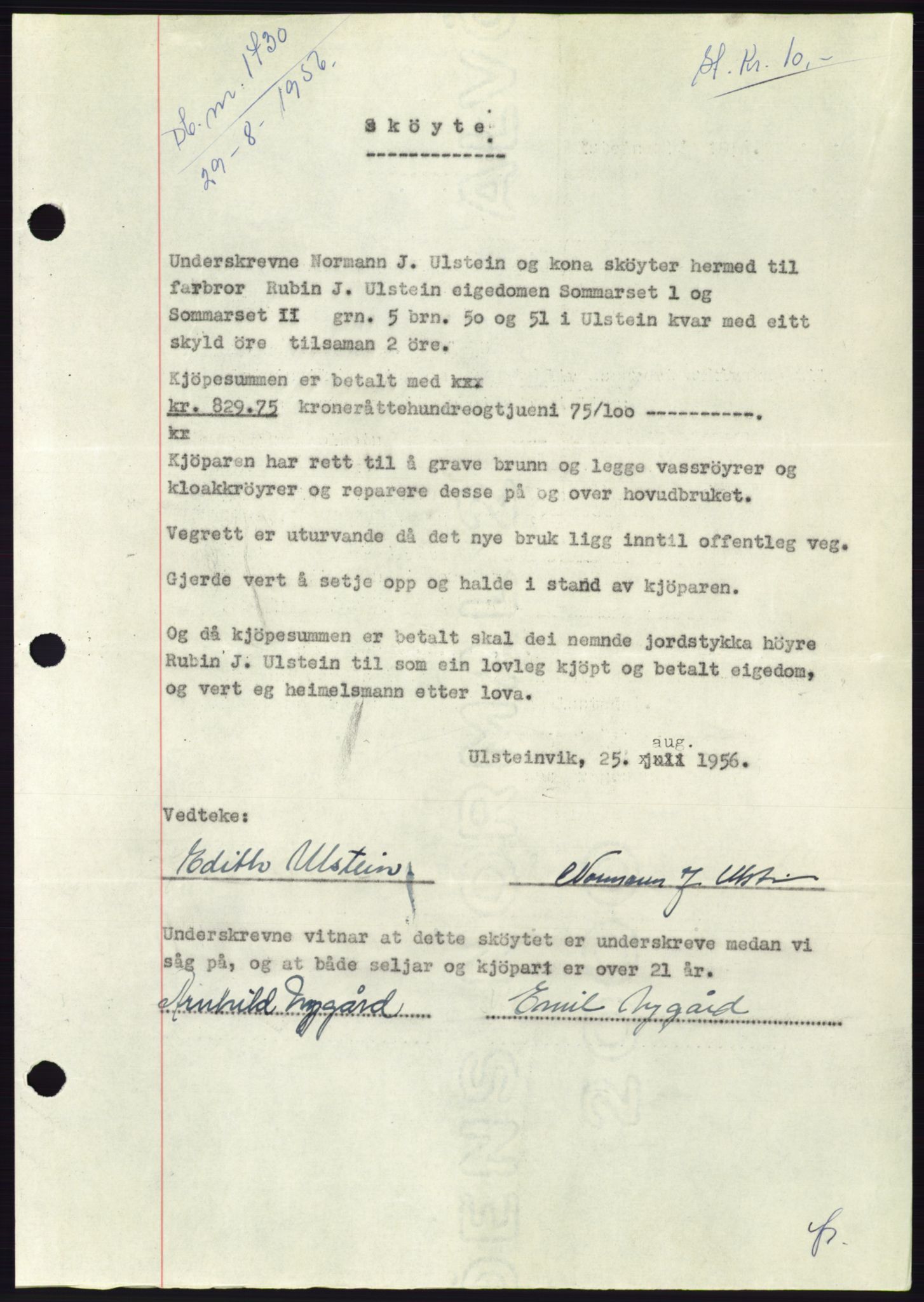 Søre Sunnmøre sorenskriveri, AV/SAT-A-4122/1/2/2C/L0104: Pantebok nr. 30A, 1956-1956, Dagboknr: 1730/1956