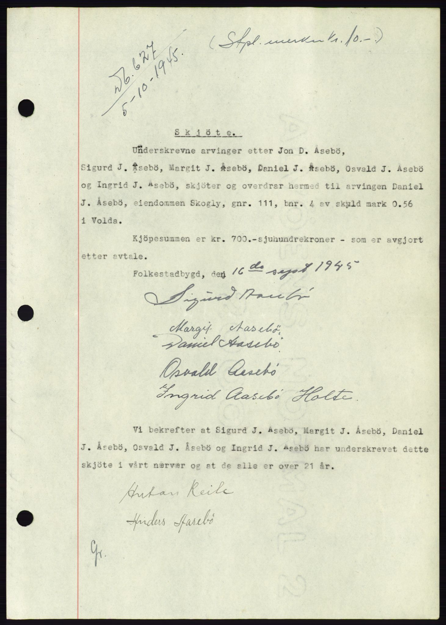 Søre Sunnmøre sorenskriveri, AV/SAT-A-4122/1/2/2C/L0077: Pantebok nr. 3A, 1945-1946, Dagboknr: 627/1945