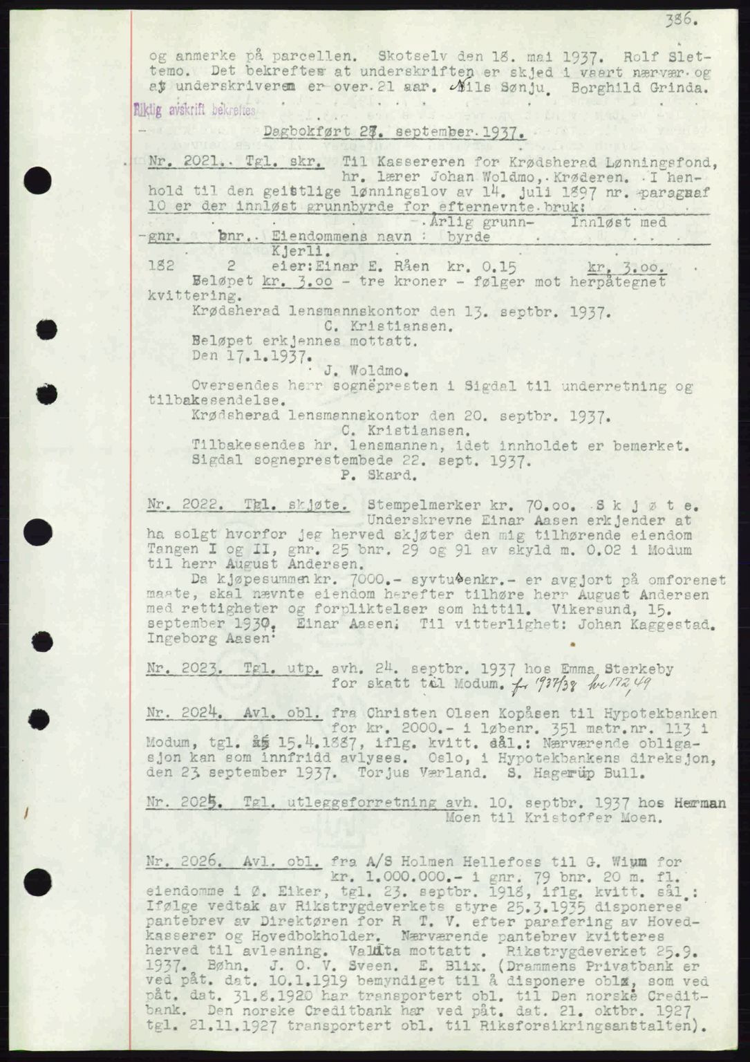 Eiker, Modum og Sigdal sorenskriveri, SAKO/A-123/G/Ga/Gab/L0036: Pantebok nr. A6, 1937-1937, Dagboknr: 2021/1937