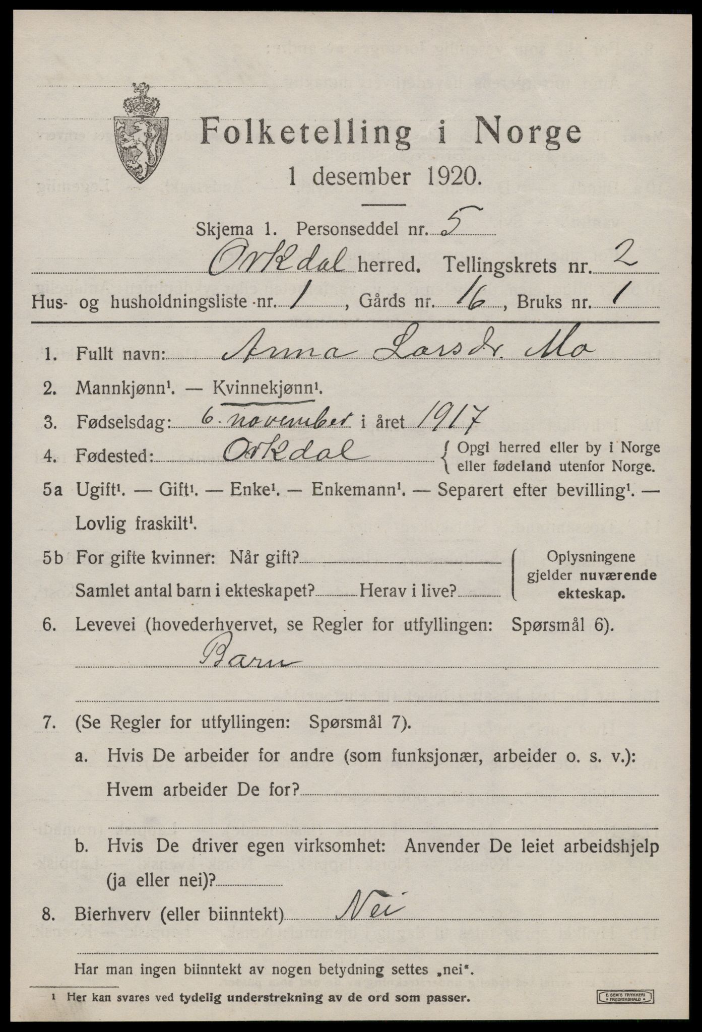 SAT, Folketelling 1920 for 1638 Orkdal herred, 1920, s. 2070