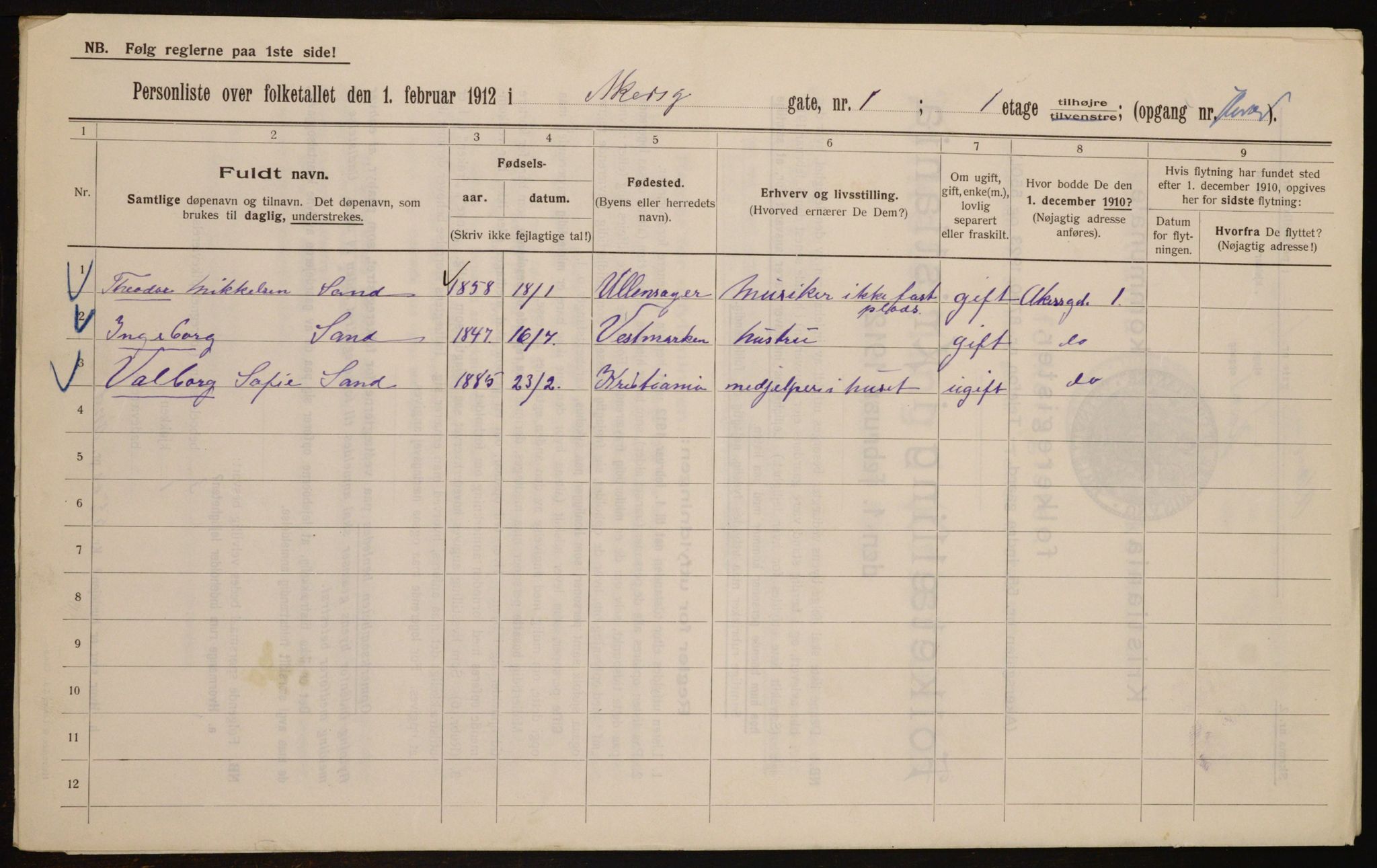 OBA, Kommunal folketelling 1.2.1912 for Kristiania, 1912, s. 307