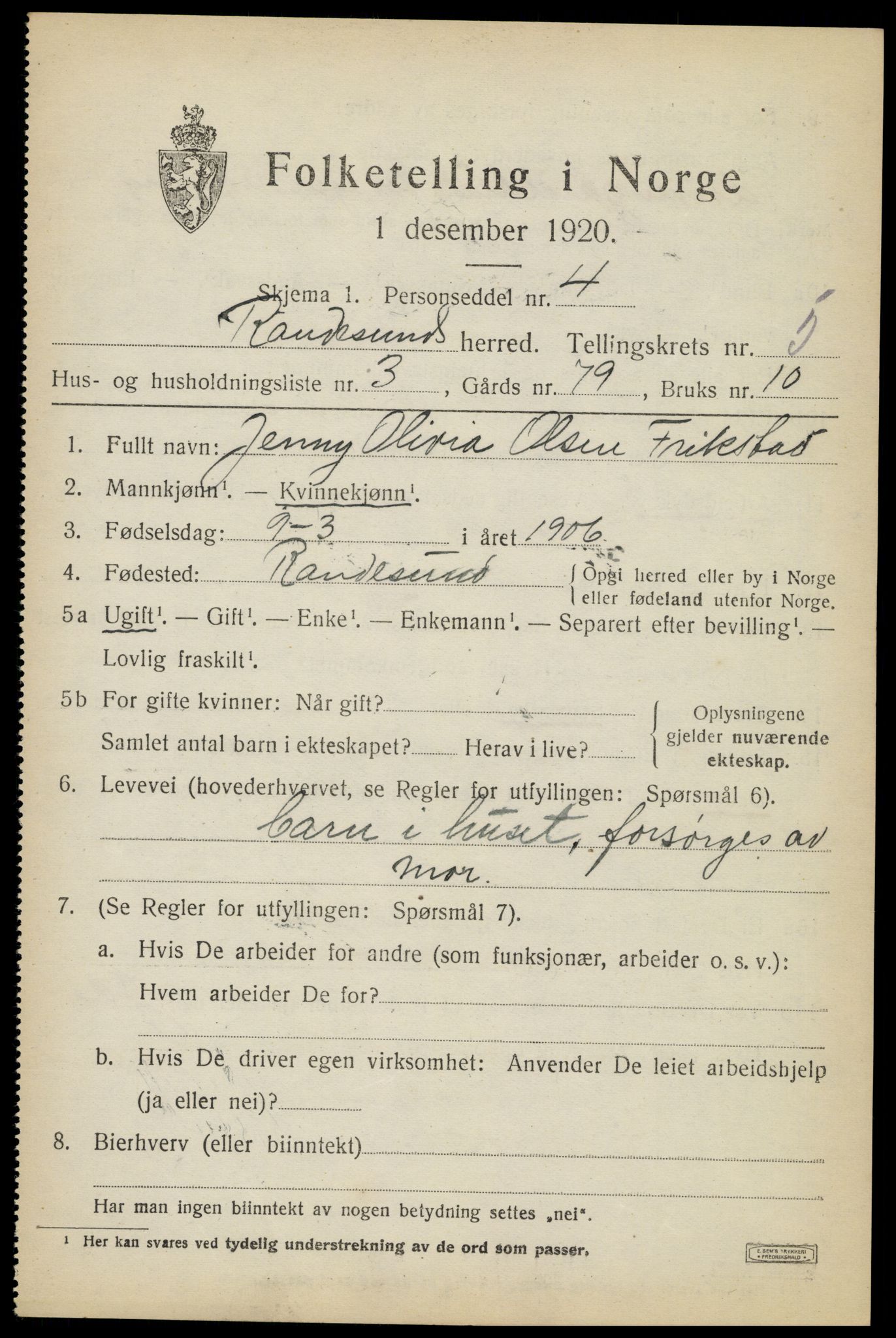SAK, Folketelling 1920 for 1011 Randesund herred, 1920, s. 2338