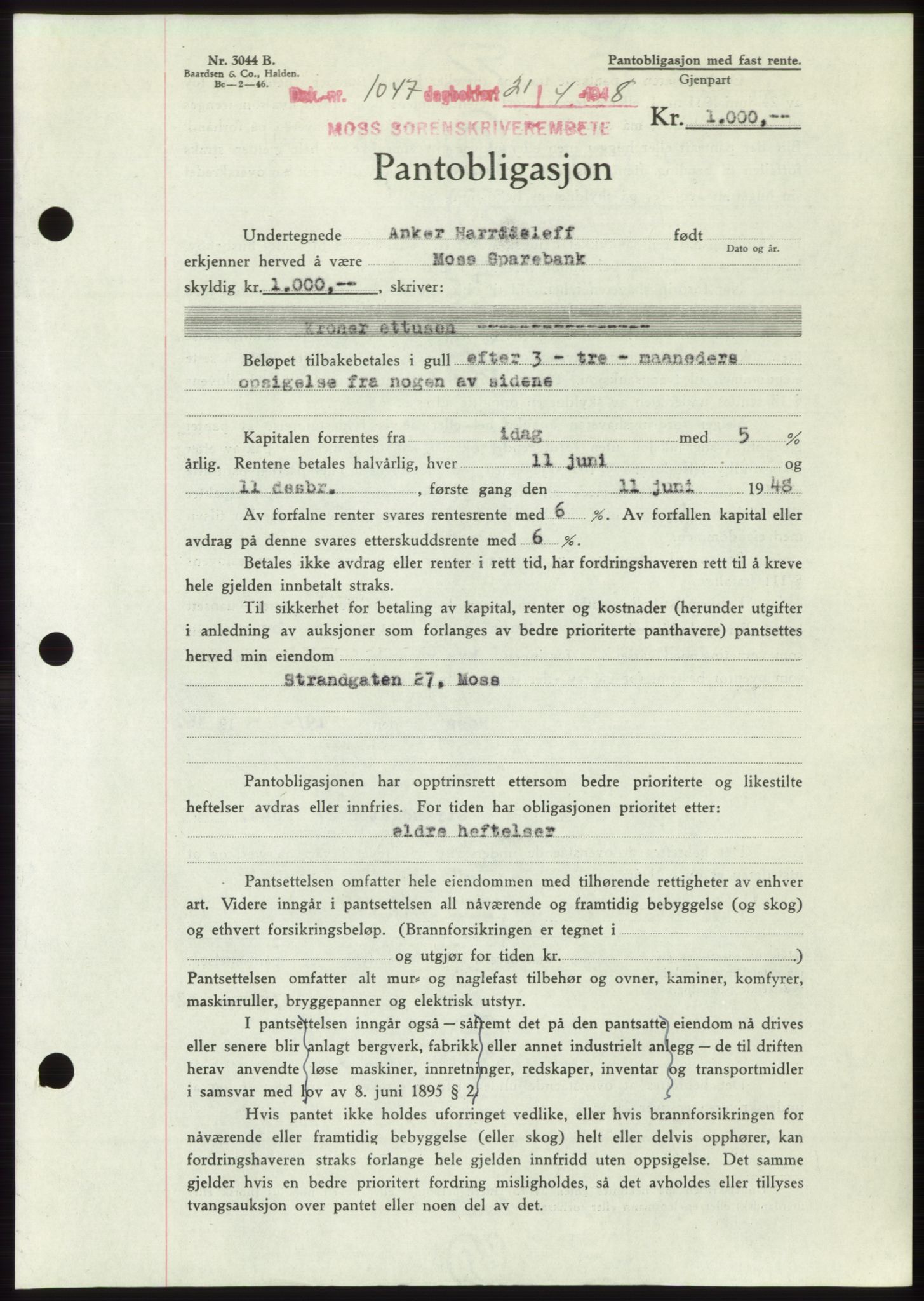 Moss sorenskriveri, SAO/A-10168: Pantebok nr. B19, 1948-1948, Dagboknr: 1047/1948