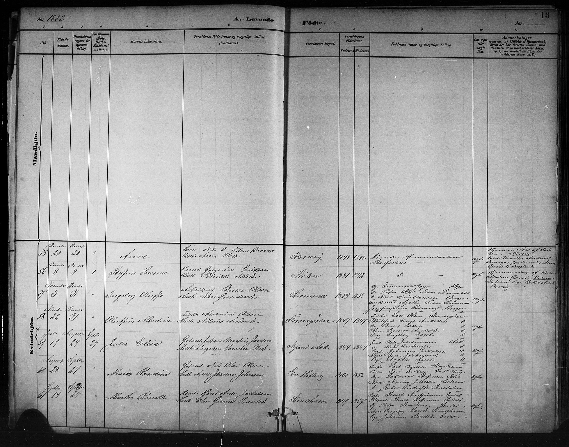 Askøy Sokneprestembete, AV/SAB-A-74101/H/Ha/Hab/Haba/L0008: Klokkerbok nr. A 8, 1882-1893, s. 13