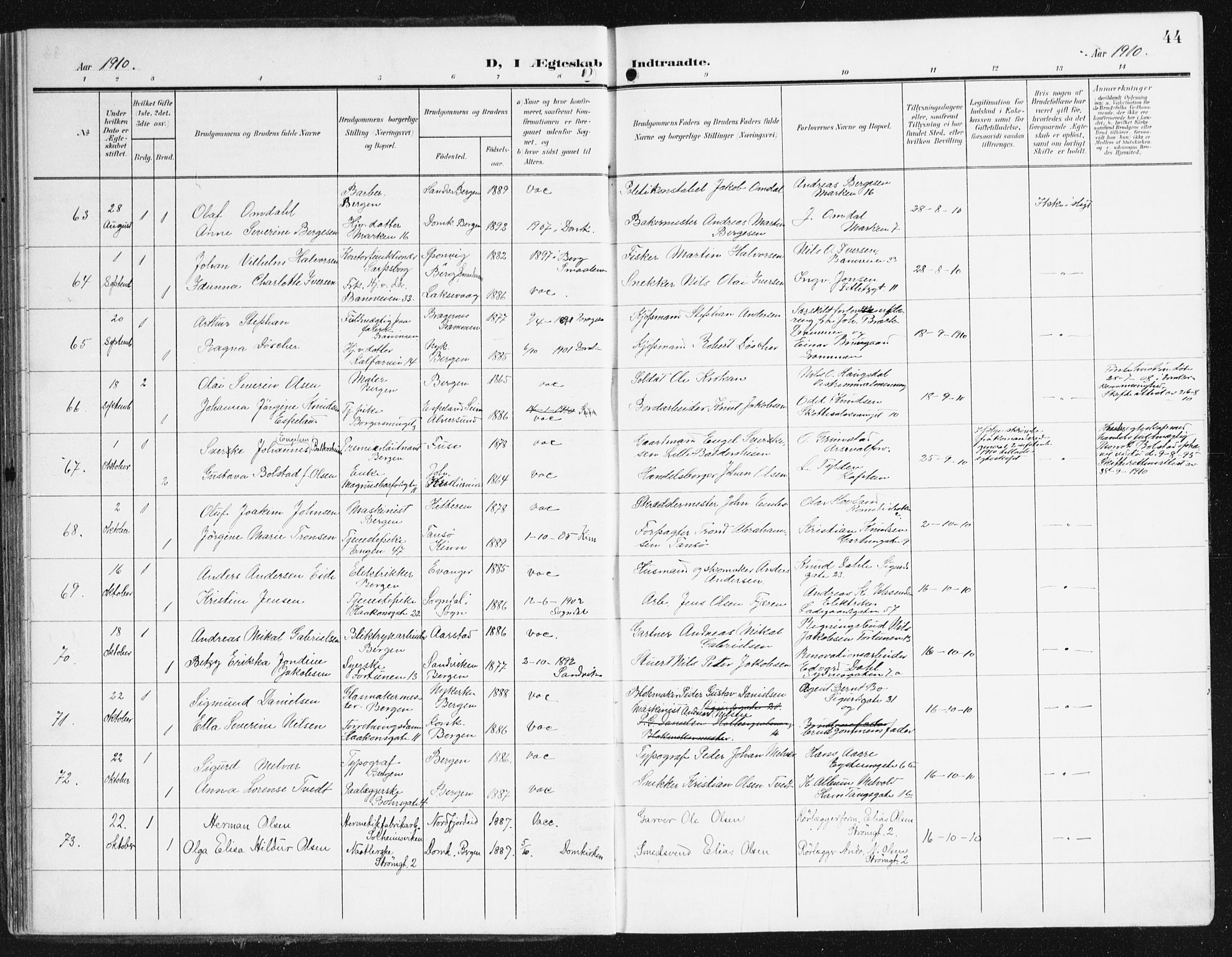 Domkirken sokneprestembete, AV/SAB-A-74801/H/Haa/L0038: Ministerialbok nr. D 5, 1906-1921, s. 44