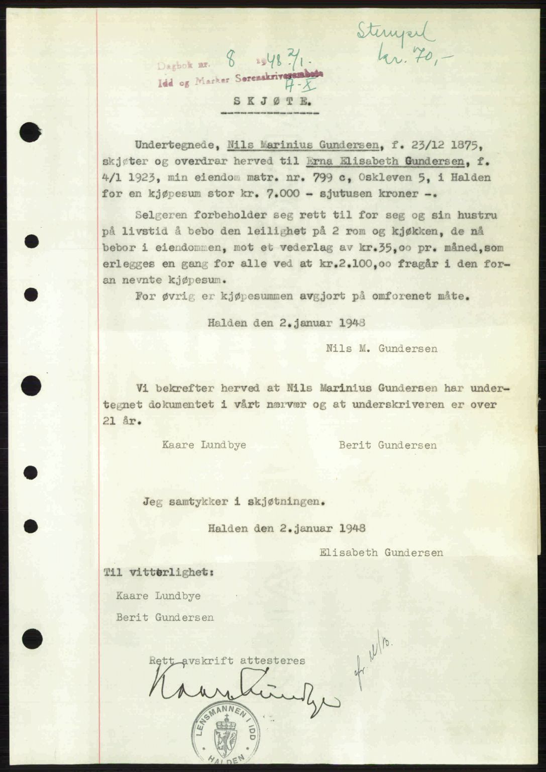 Idd og Marker sorenskriveri, SAO/A-10283/G/Gb/Gbb/L0010: Pantebok nr. A10, 1947-1948, Dagboknr: 8/1948