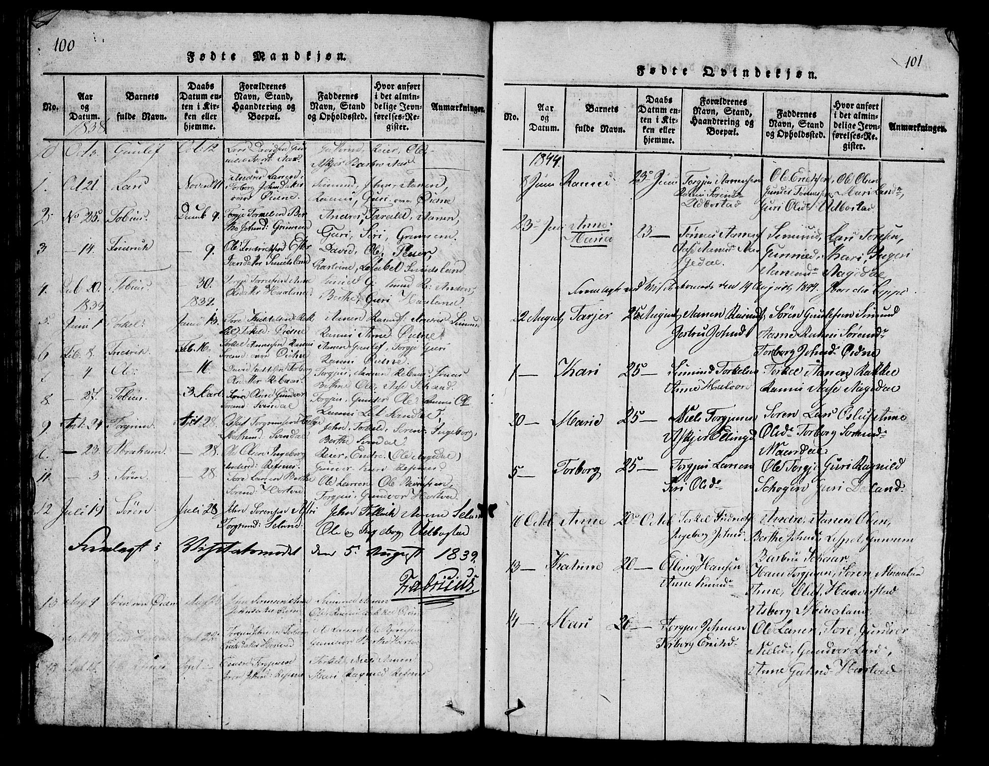Bjelland sokneprestkontor, AV/SAK-1111-0005/F/Fb/Fbc/L0001: Klokkerbok nr. B 1, 1815-1870, s. 100-101