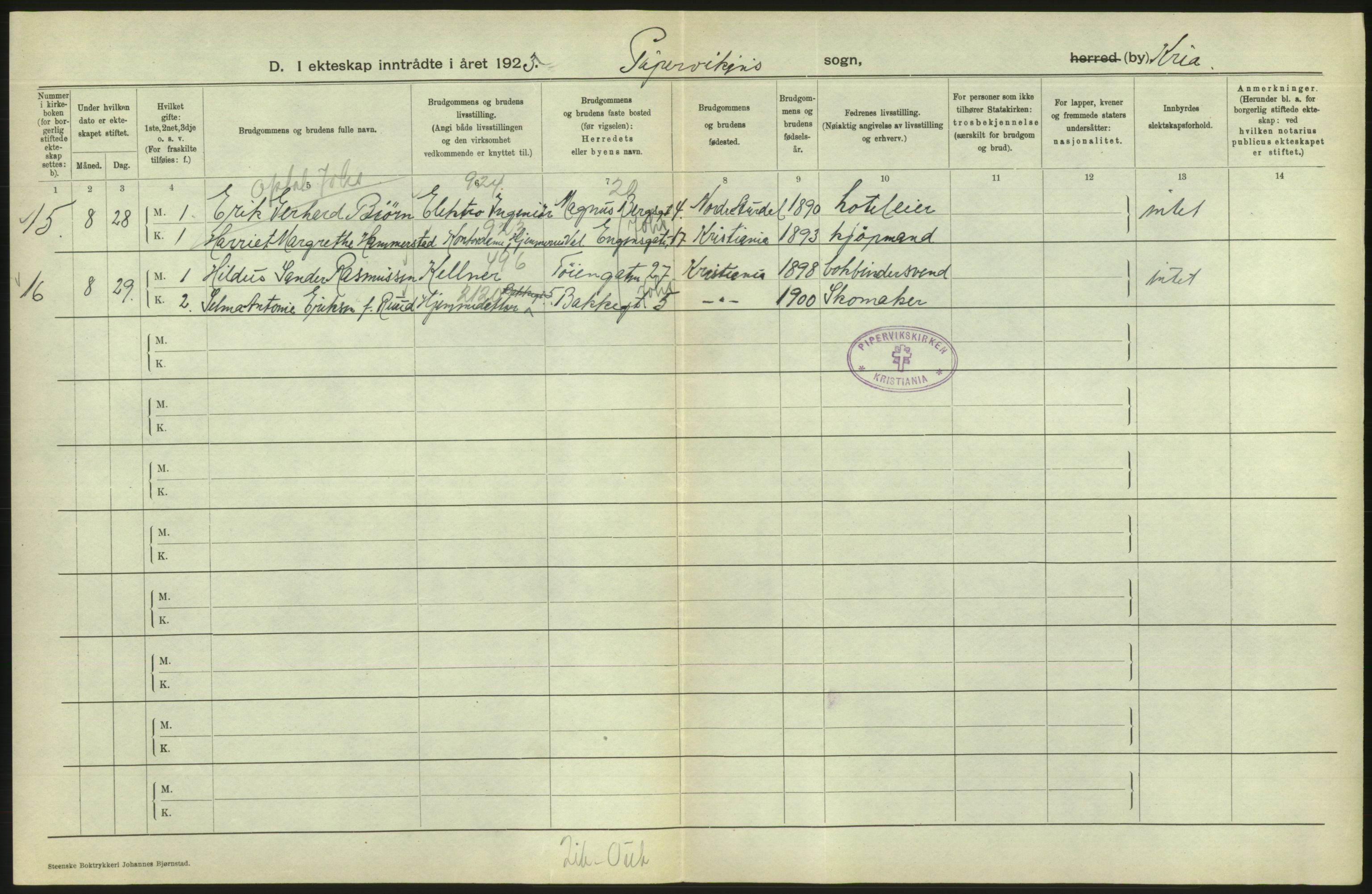 Statistisk sentralbyrå, Sosiodemografiske emner, Befolkning, AV/RA-S-2228/D/Df/Dfc/Dfcc/L0008: Kristiania: Gifte, 1923, s. 482