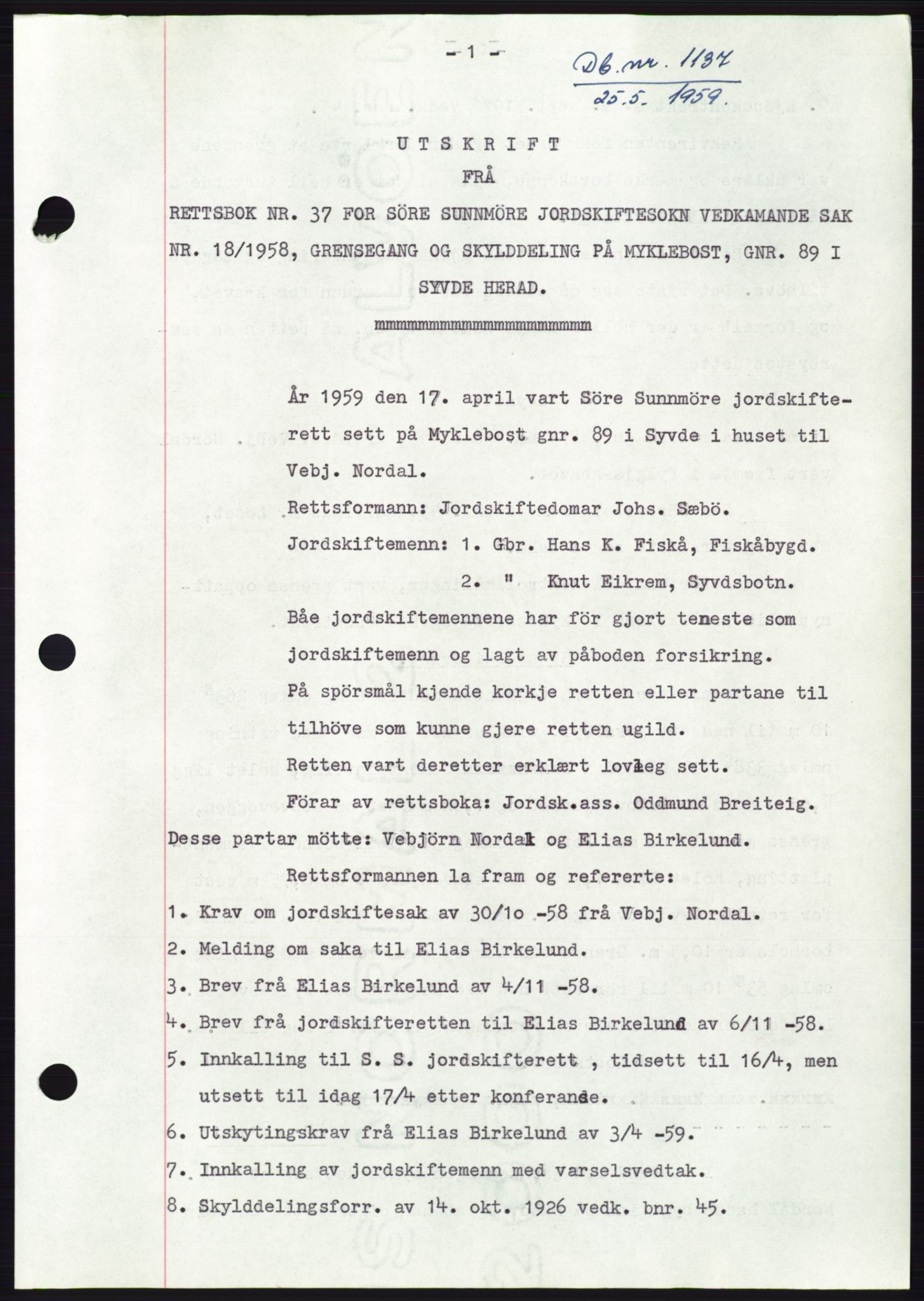 Søre Sunnmøre sorenskriveri, SAT/A-4122/1/2/2C/L0112: Pantebok nr. 38A, 1959-1959, Dagboknr: 1137/1959
