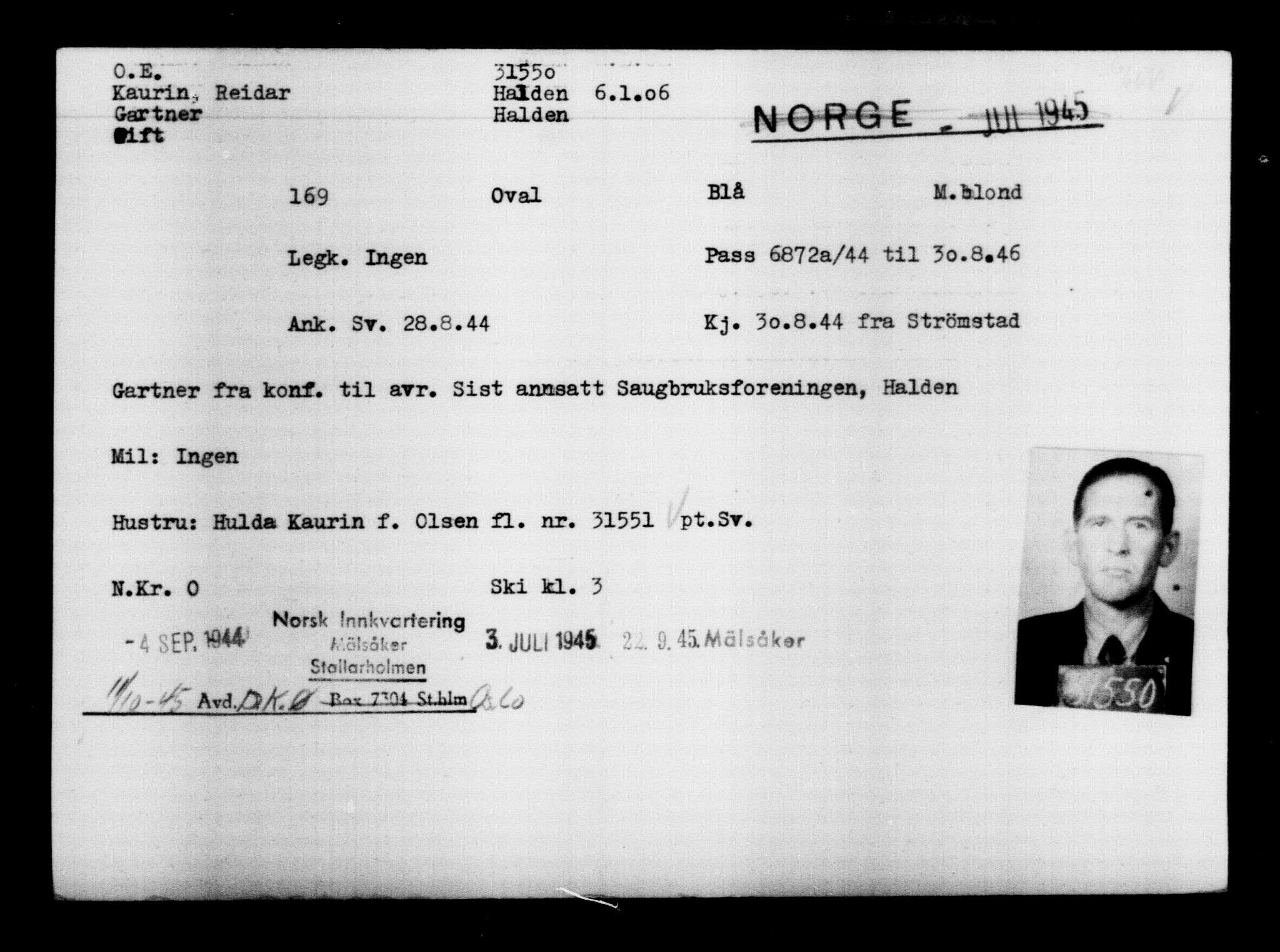 Utenriksstasjonene, Legasjonen i Stockholm, Flyktningkontoret, AV/RA-S-6753/V/Va/L0012: Kjesäterkartoteket, flyktninger med registreringsnr. 28300-31566, 1940-1945, s. 3518