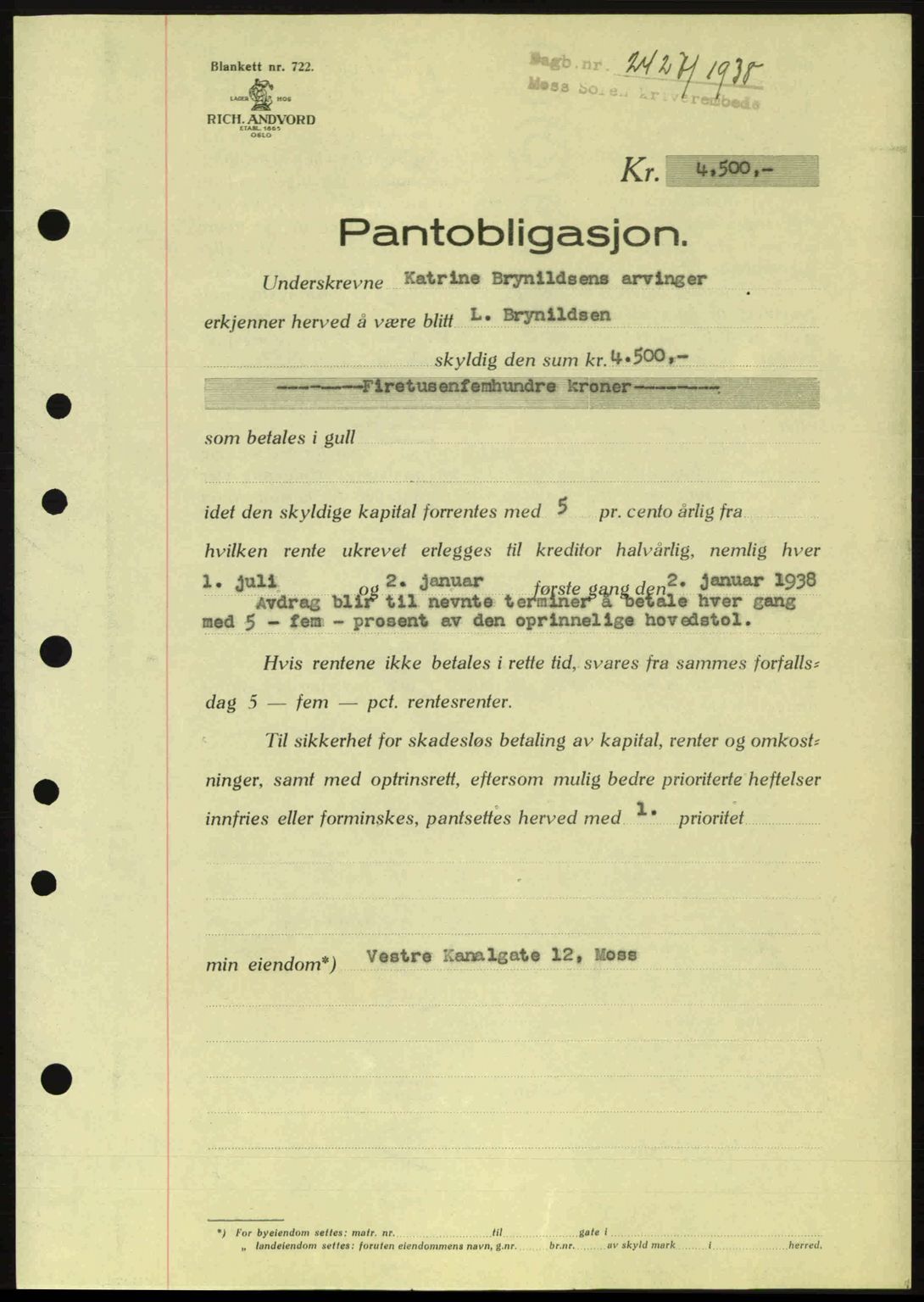 Moss sorenskriveri, SAO/A-10168: Pantebok nr. B6, 1938-1938, Dagboknr: 2427/1938