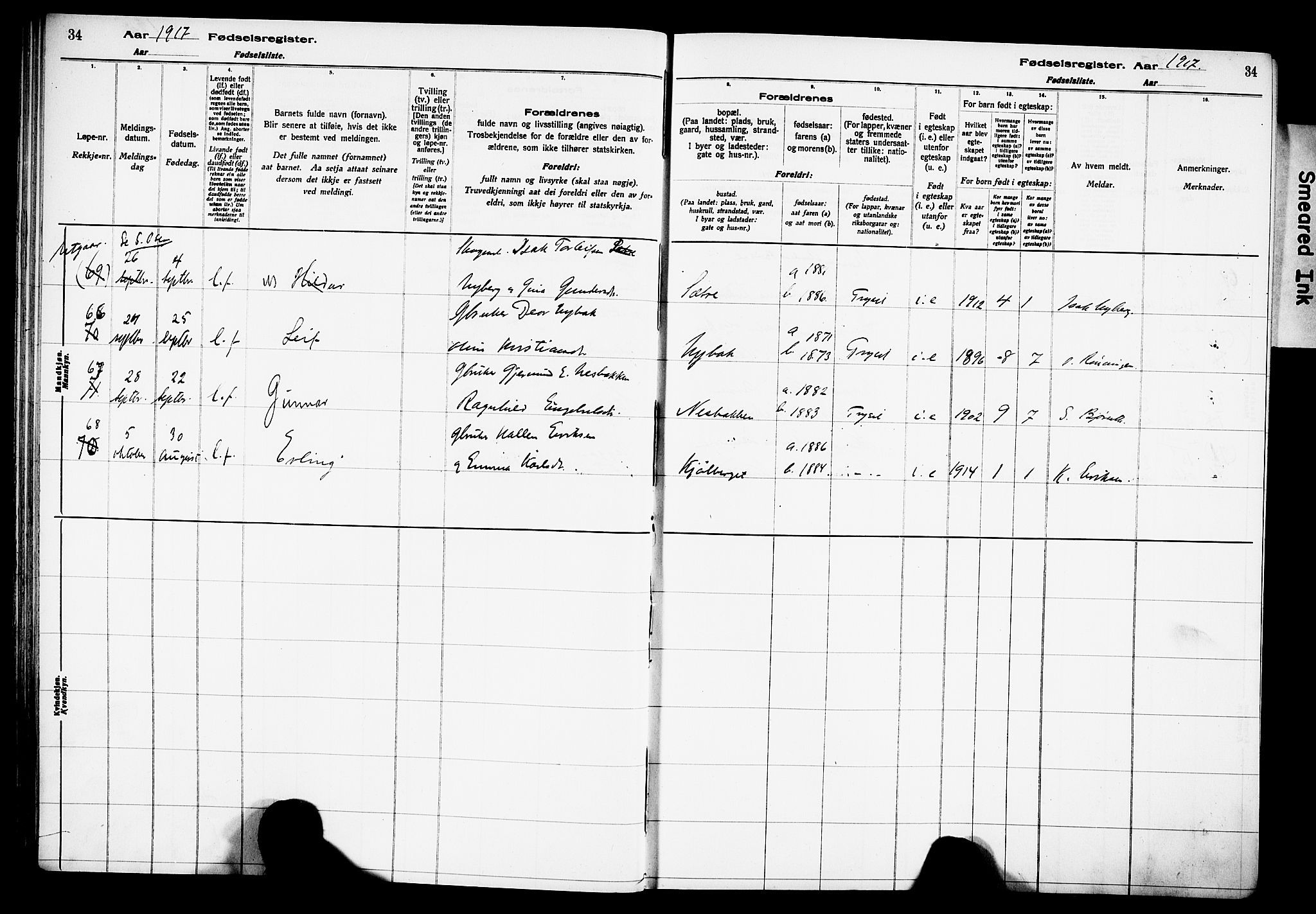 Trysil prestekontor, AV/SAH-PREST-046/I/Id/Ida/L0001: Fødselsregister nr. I 1, 1916-1927, s. 34