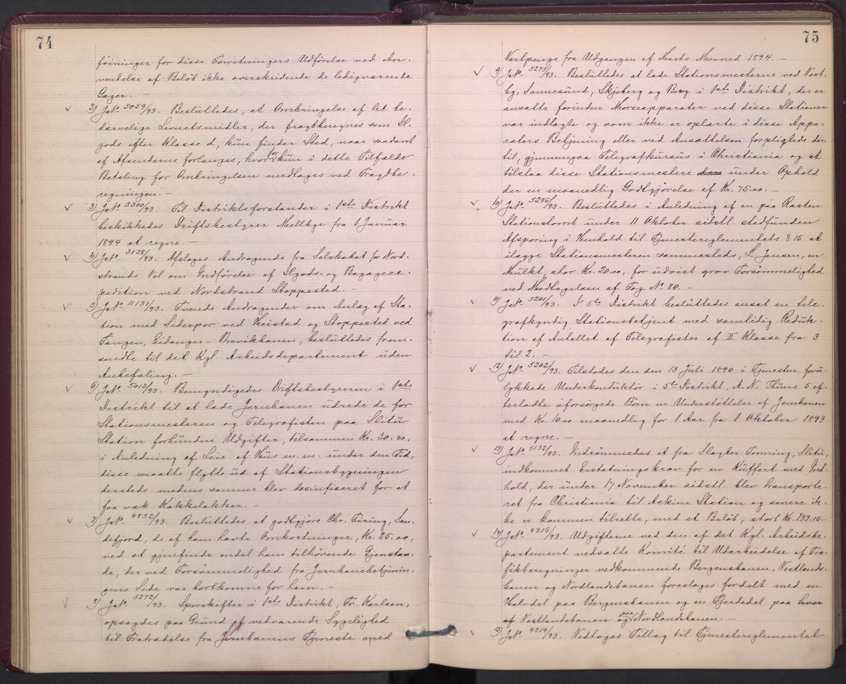 Norges statsbaner, Administrasjons- økonomi- og personalavdelingen, AV/RA-S-3412/A/Aa/L0002a: Forhandlingsprotokoll, 1893-1895, s. 74-75
