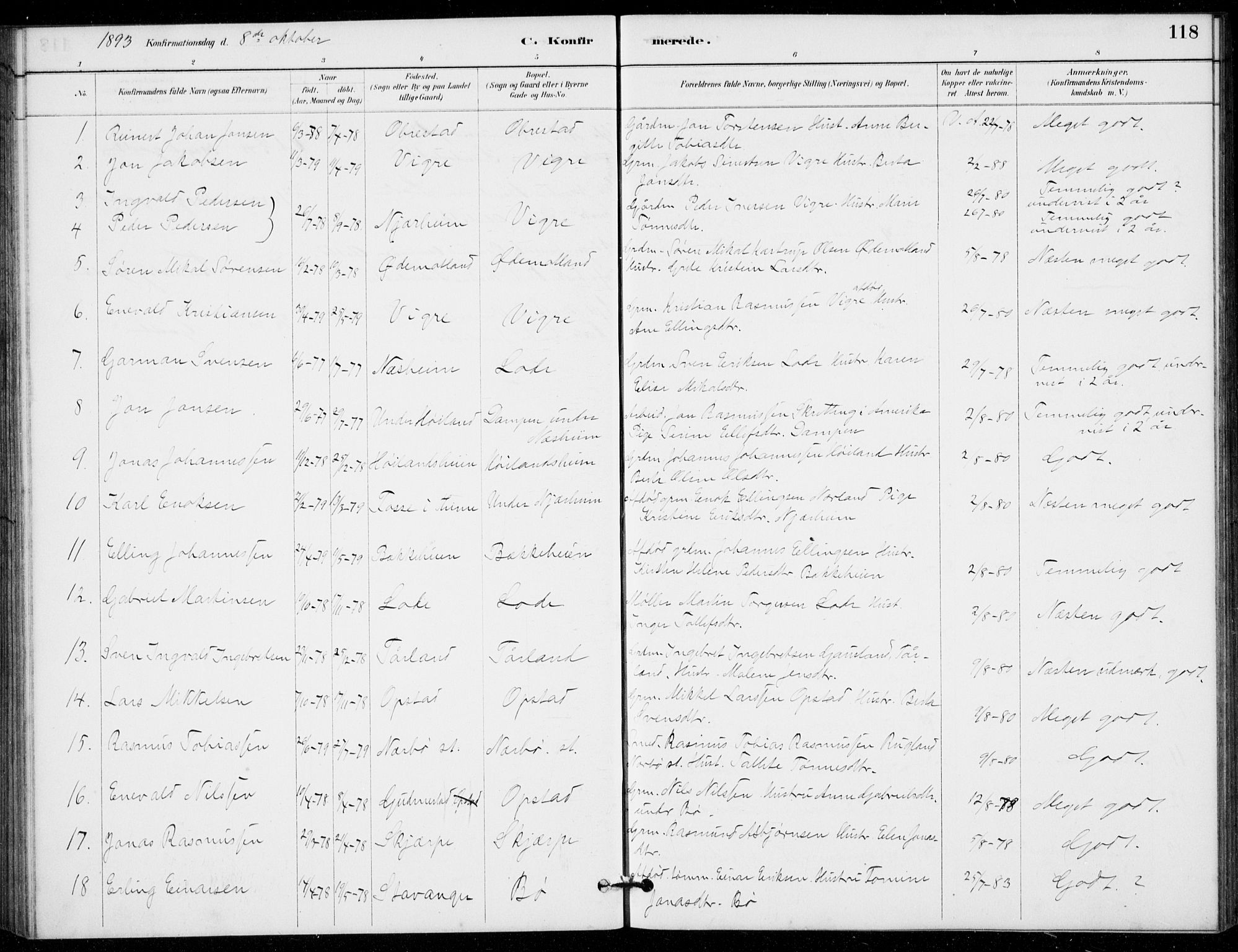Hå sokneprestkontor, AV/SAST-A-101801/001/30BB/L0003: Klokkerbok nr. B 3, 1883-1894, s. 118