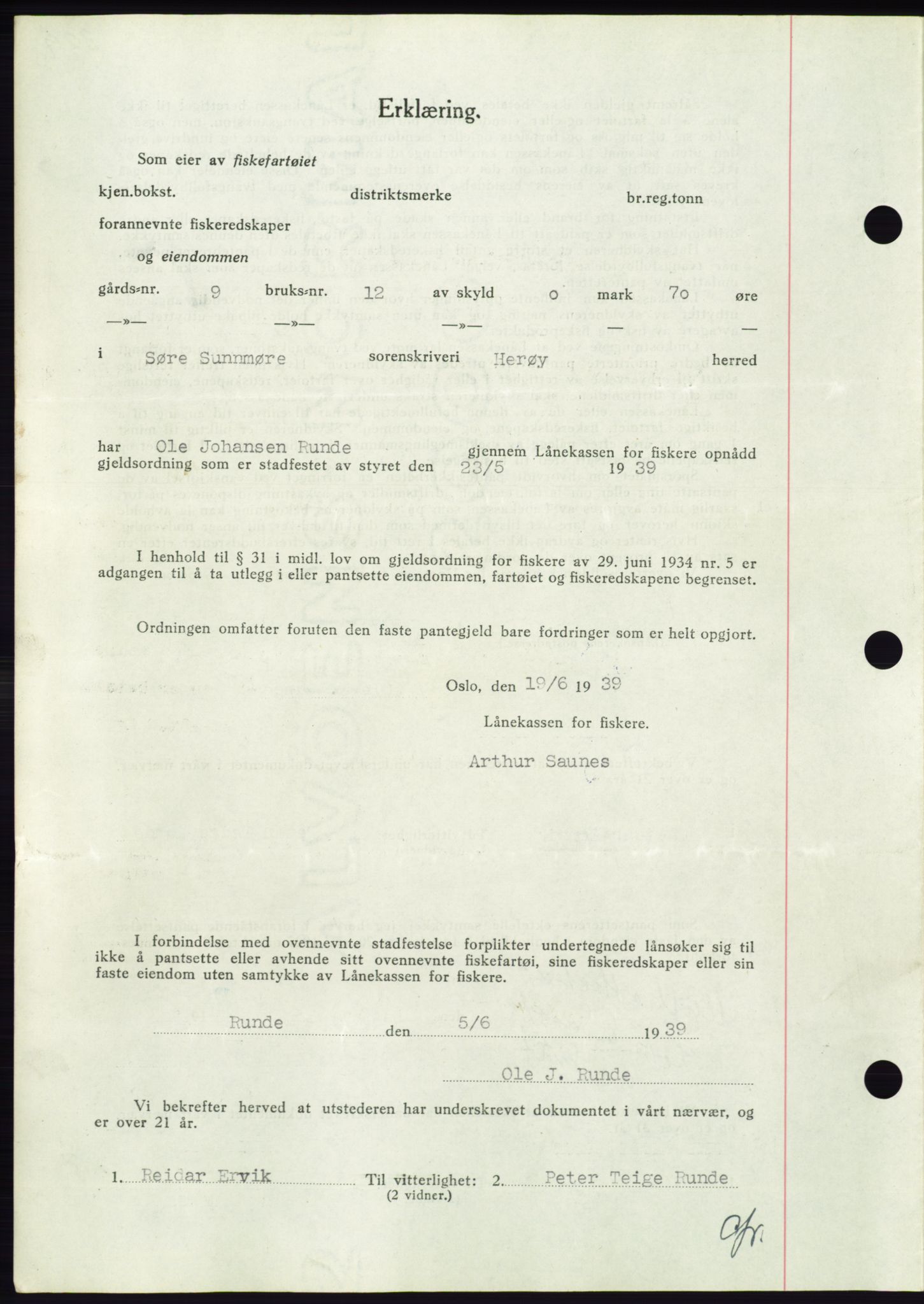 Søre Sunnmøre sorenskriveri, AV/SAT-A-4122/1/2/2C/L0068: Pantebok nr. 62, 1939-1939, Dagboknr: 1082/1939