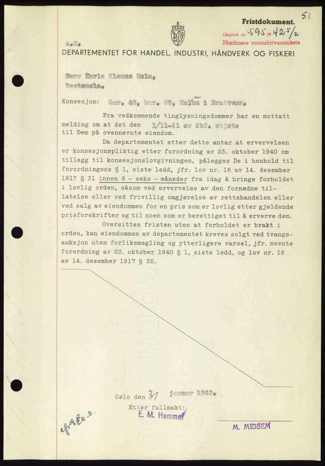 Nordmøre sorenskriveri, AV/SAT-A-4132/1/2/2Ca: Pantebok nr. B89, 1942-1942, Dagboknr: 595/1942