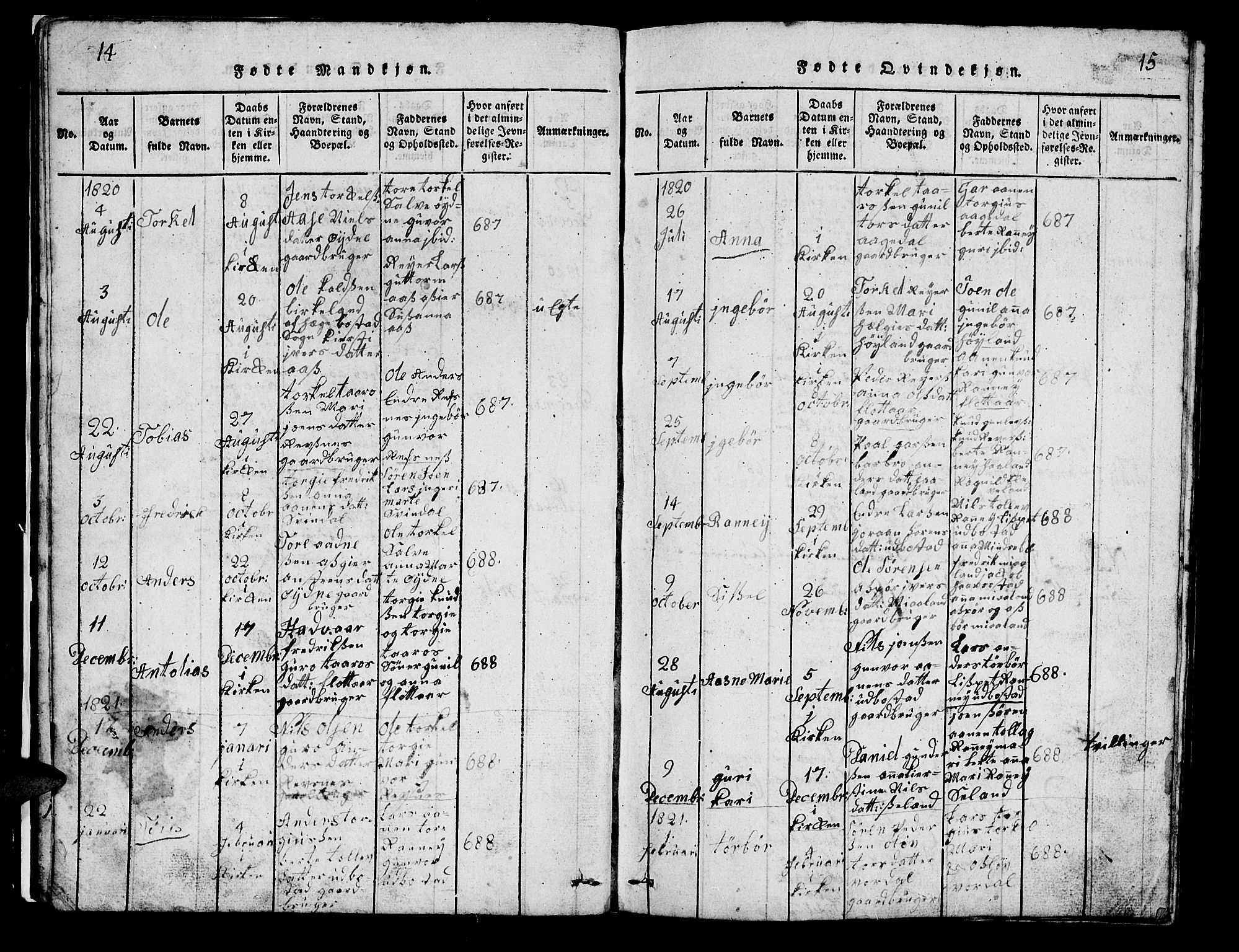 Bjelland sokneprestkontor, AV/SAK-1111-0005/F/Fb/Fbc/L0001: Klokkerbok nr. B 1, 1815-1870, s. 14-15