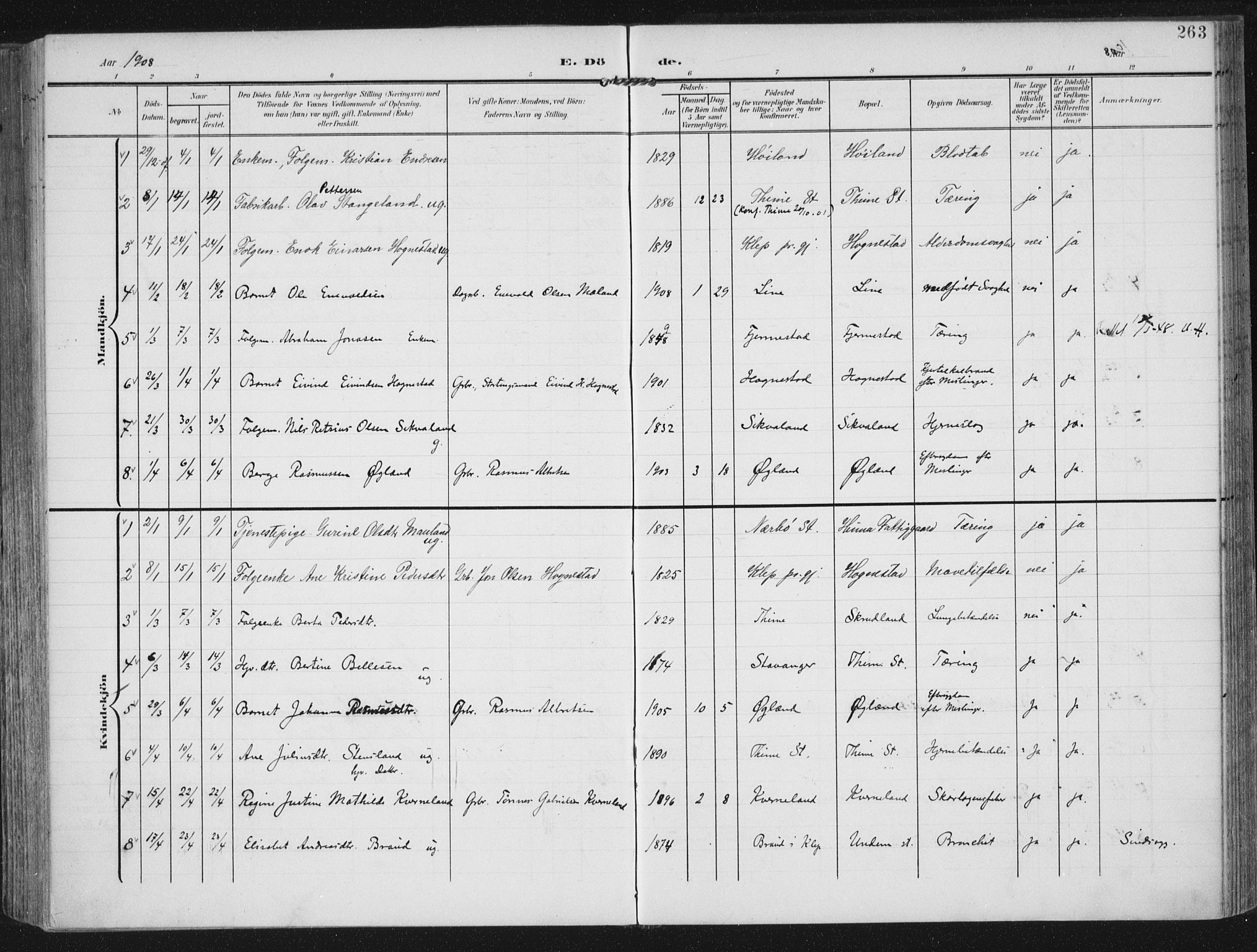 Lye sokneprestkontor, SAST/A-101794/002/A/L0001: Ministerialbok nr. A 12, 1904-1920, s. 263