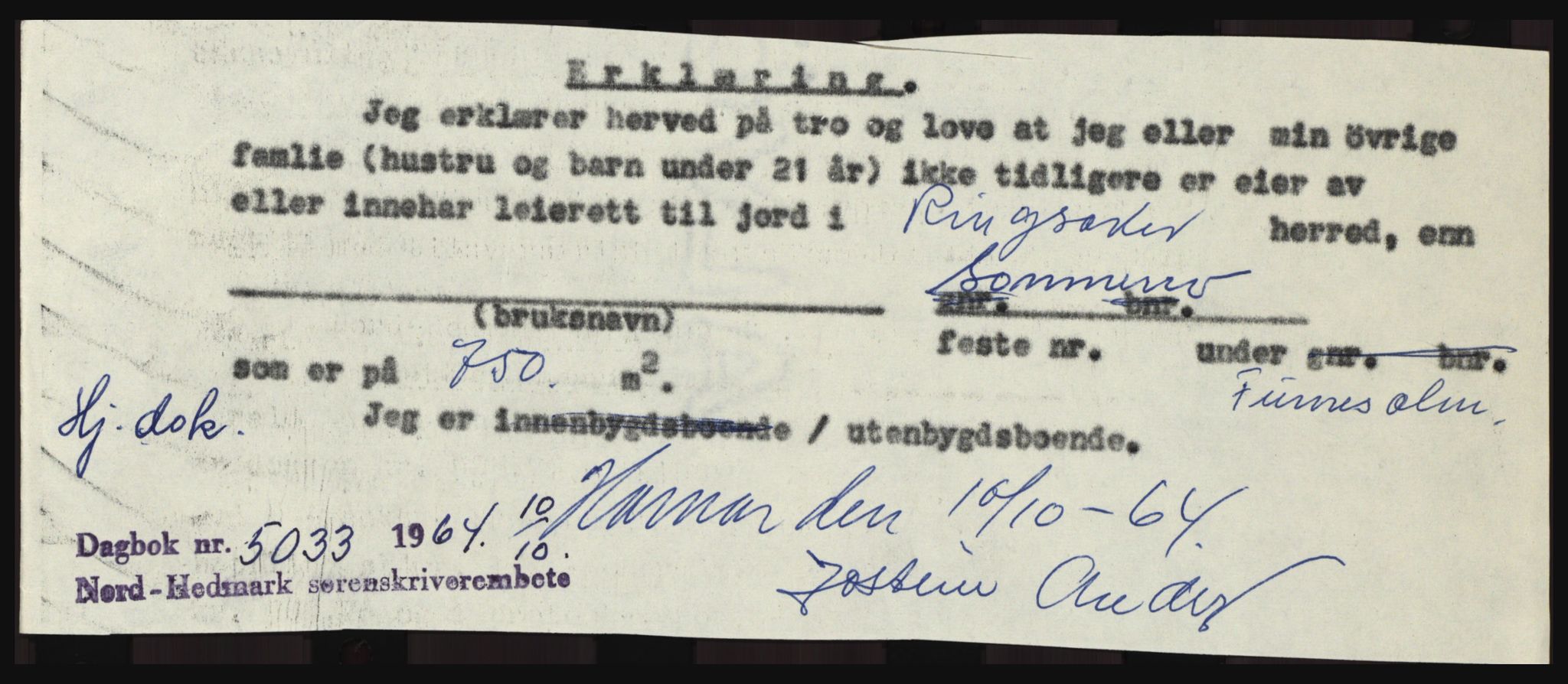 Nord-Hedmark sorenskriveri, SAH/TING-012/H/Hc/L0020: Pantebok nr. 20, 1964-1964, Dagboknr: 5033/1964