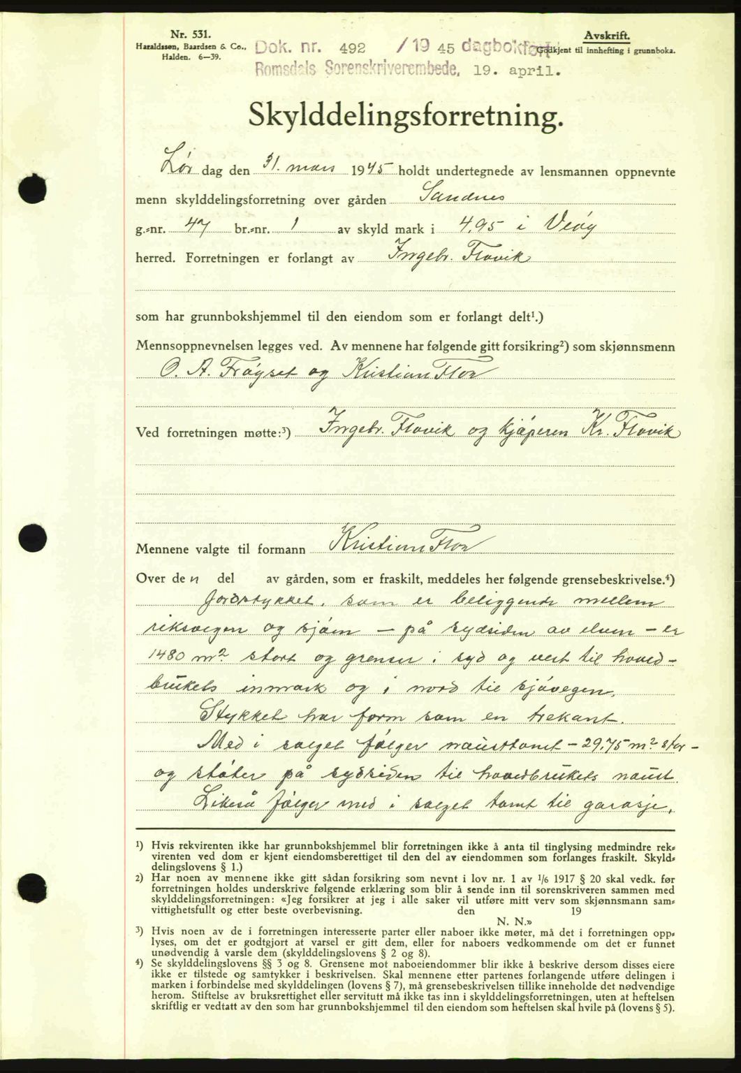 Romsdal sorenskriveri, SAT/A-4149/1/2/2C: Pantebok nr. A17, 1944-1945, Dagboknr: 492/1945