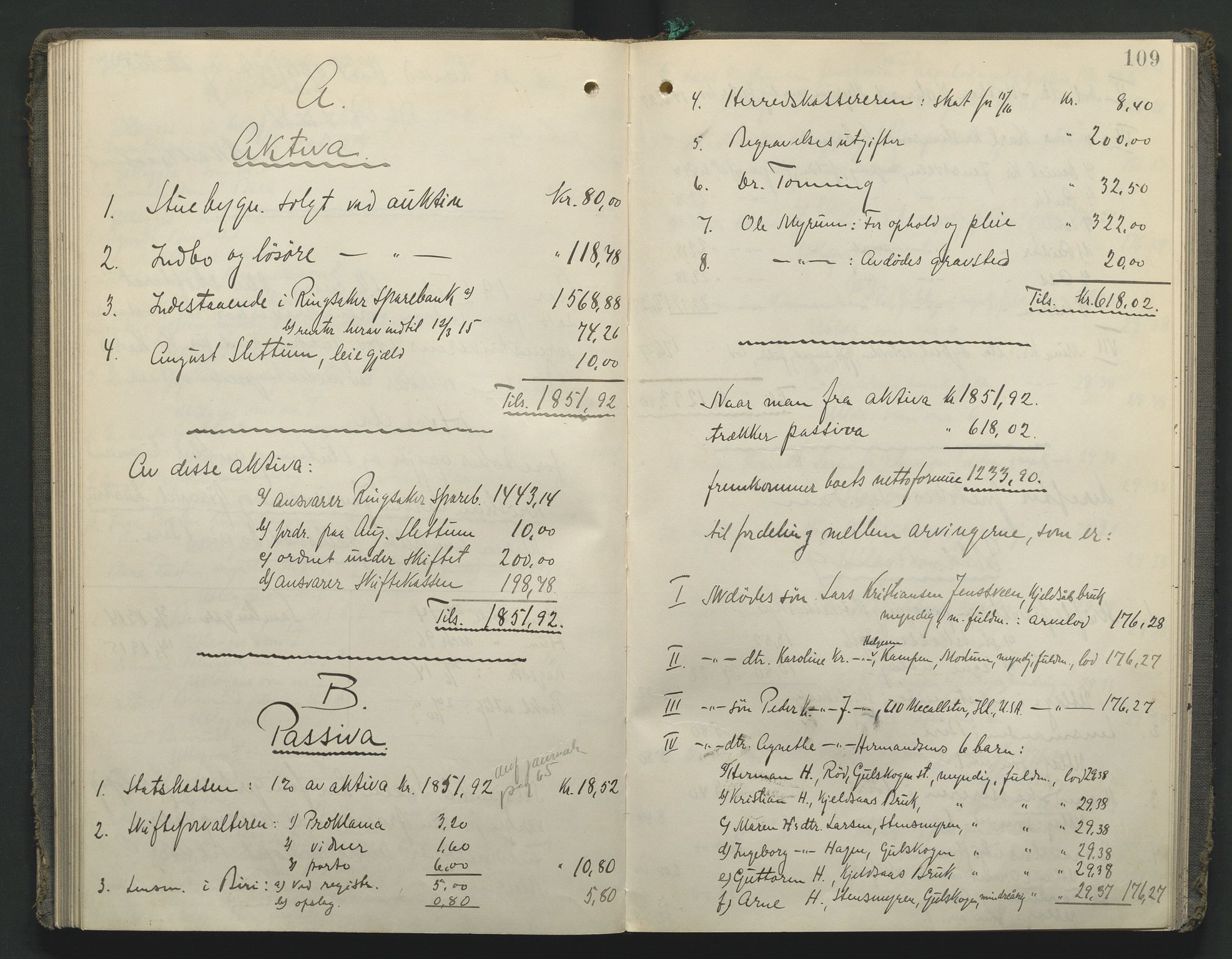 Toten tingrett, SAH/TING-006/J/Jb/L0009: Skifteutlodningsprotokoll - Biri, 1904-1921, s. 109