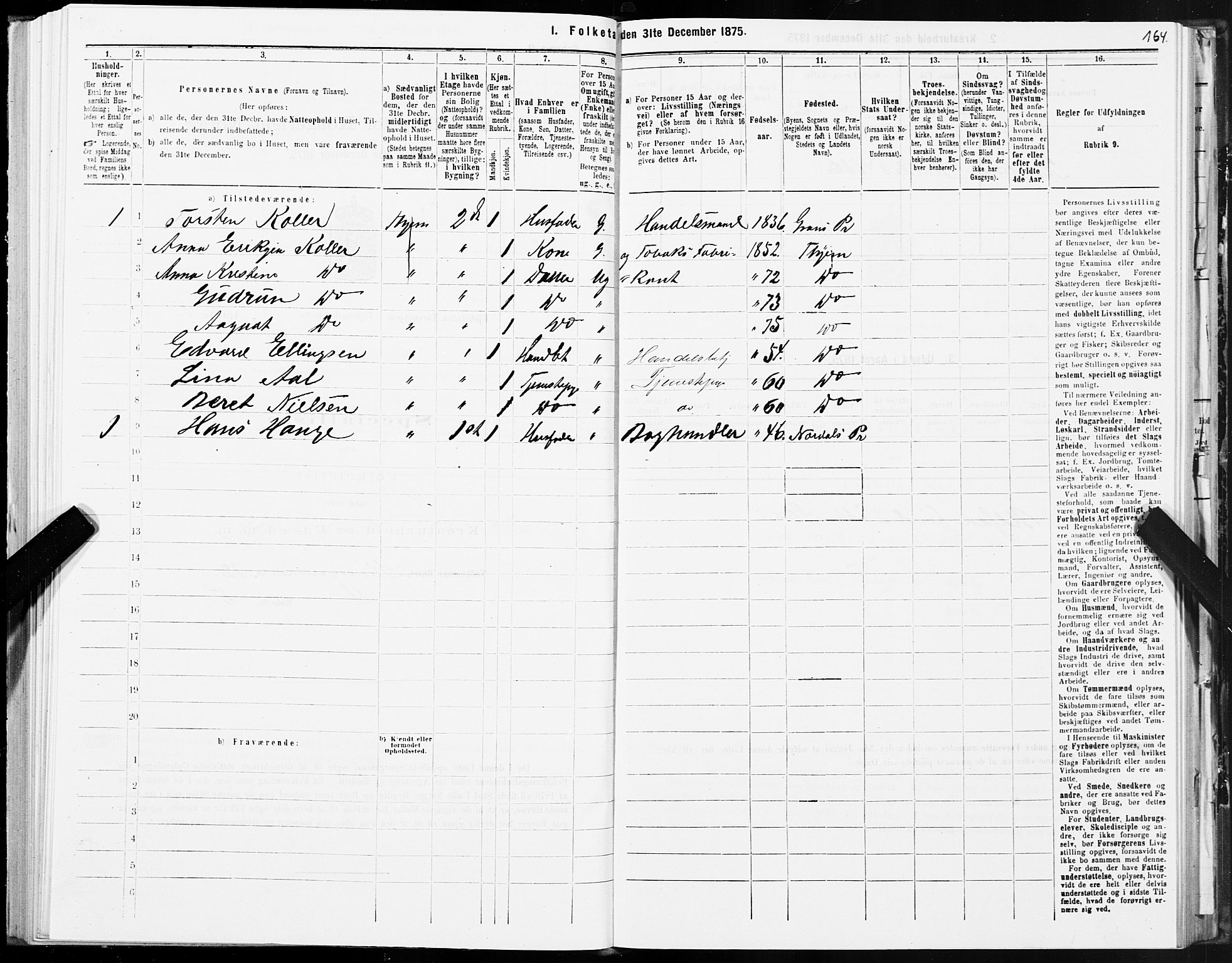 SAT, Folketelling 1875 for 1601 Trondheim kjøpstad, 1875, s. 3164