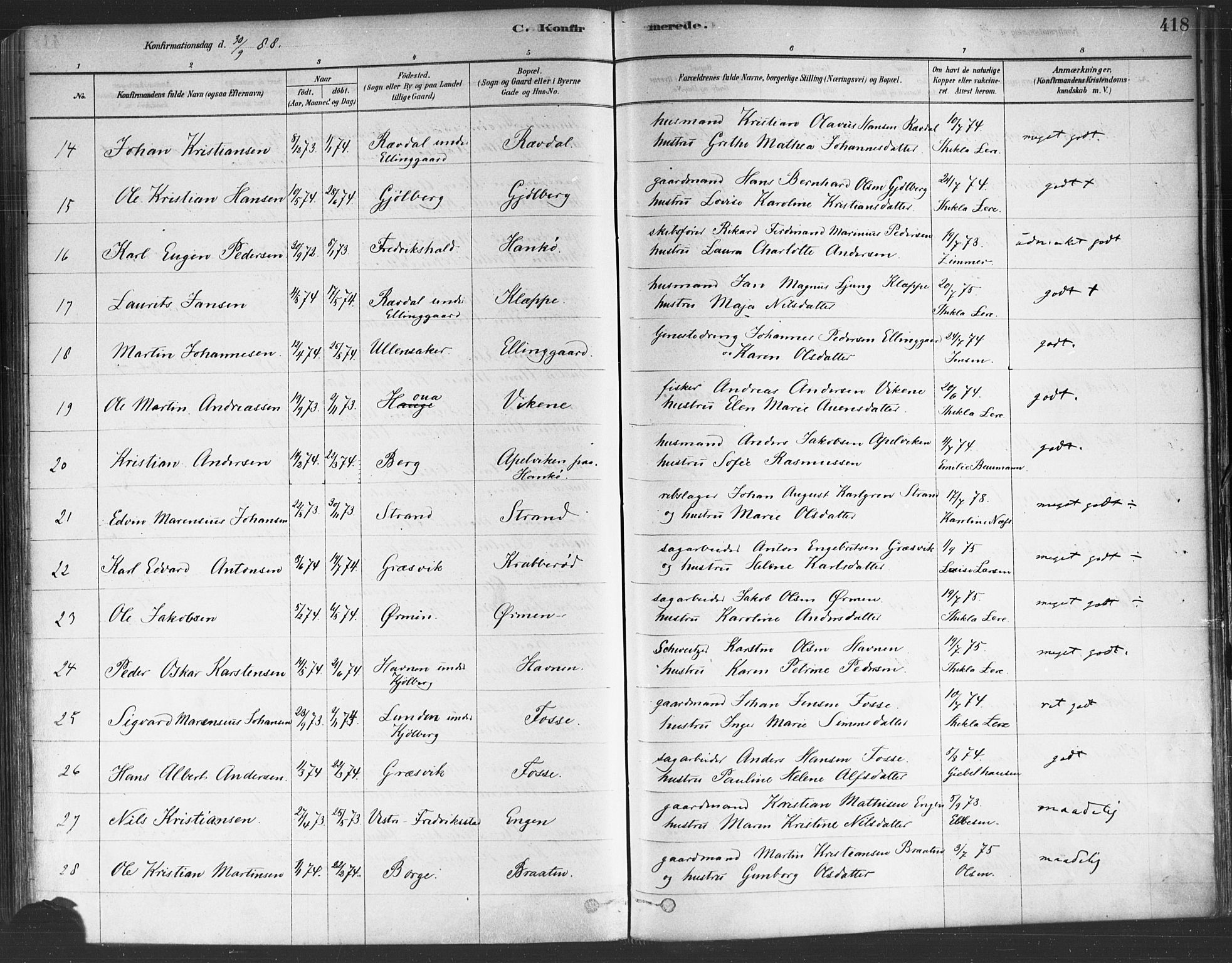 Onsøy prestekontor Kirkebøker, AV/SAO-A-10914/F/Fa/L0005: Ministerialbok nr. I 5, 1878-1898, s. 418