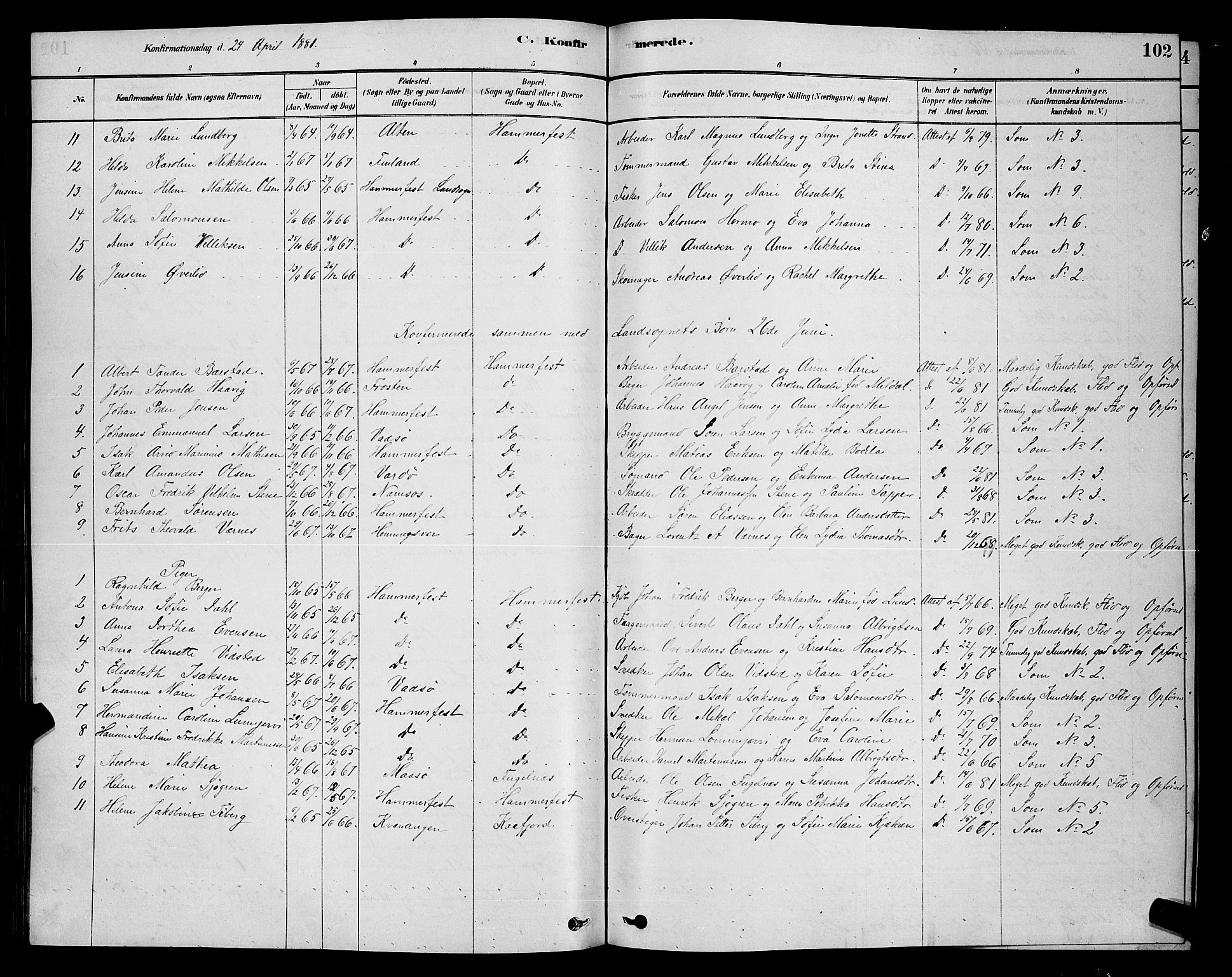 Hammerfest sokneprestkontor, SATØ/S-1347/H/Hb/L0006.klokk: Klokkerbok nr. 6, 1876-1884, s. 102