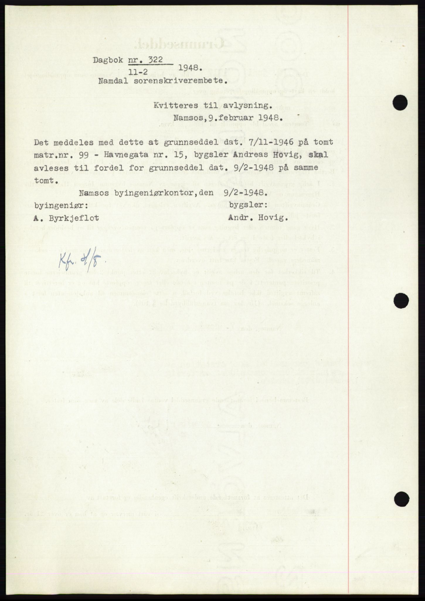 Namdal sorenskriveri, SAT/A-4133/1/2/2C: Pantebok nr. -, 1946-1947, Dagboknr: 322/1946
