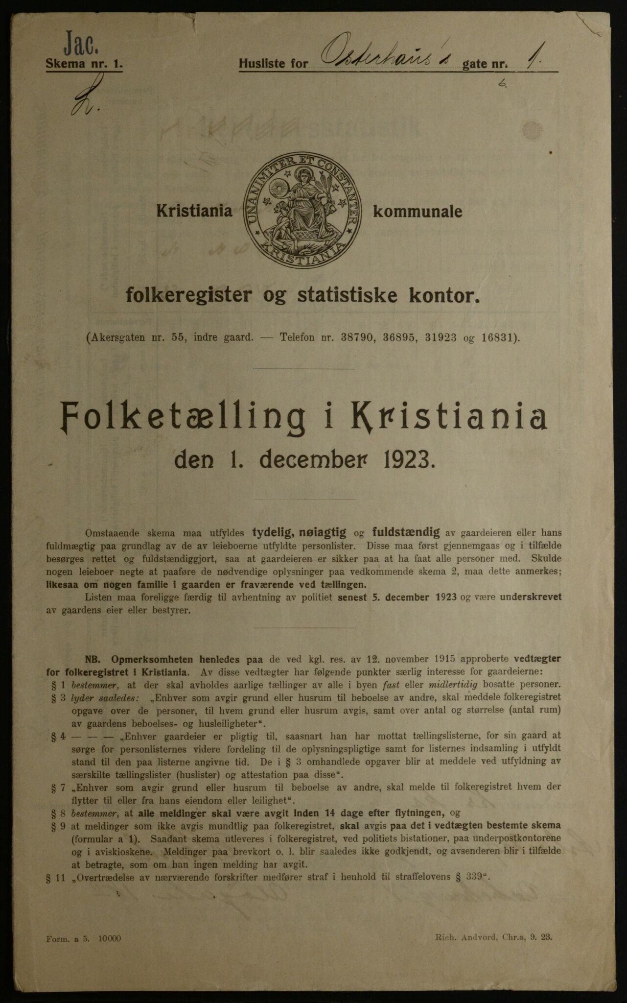 OBA, Kommunal folketelling 1.12.1923 for Kristiania, 1923, s. 85405