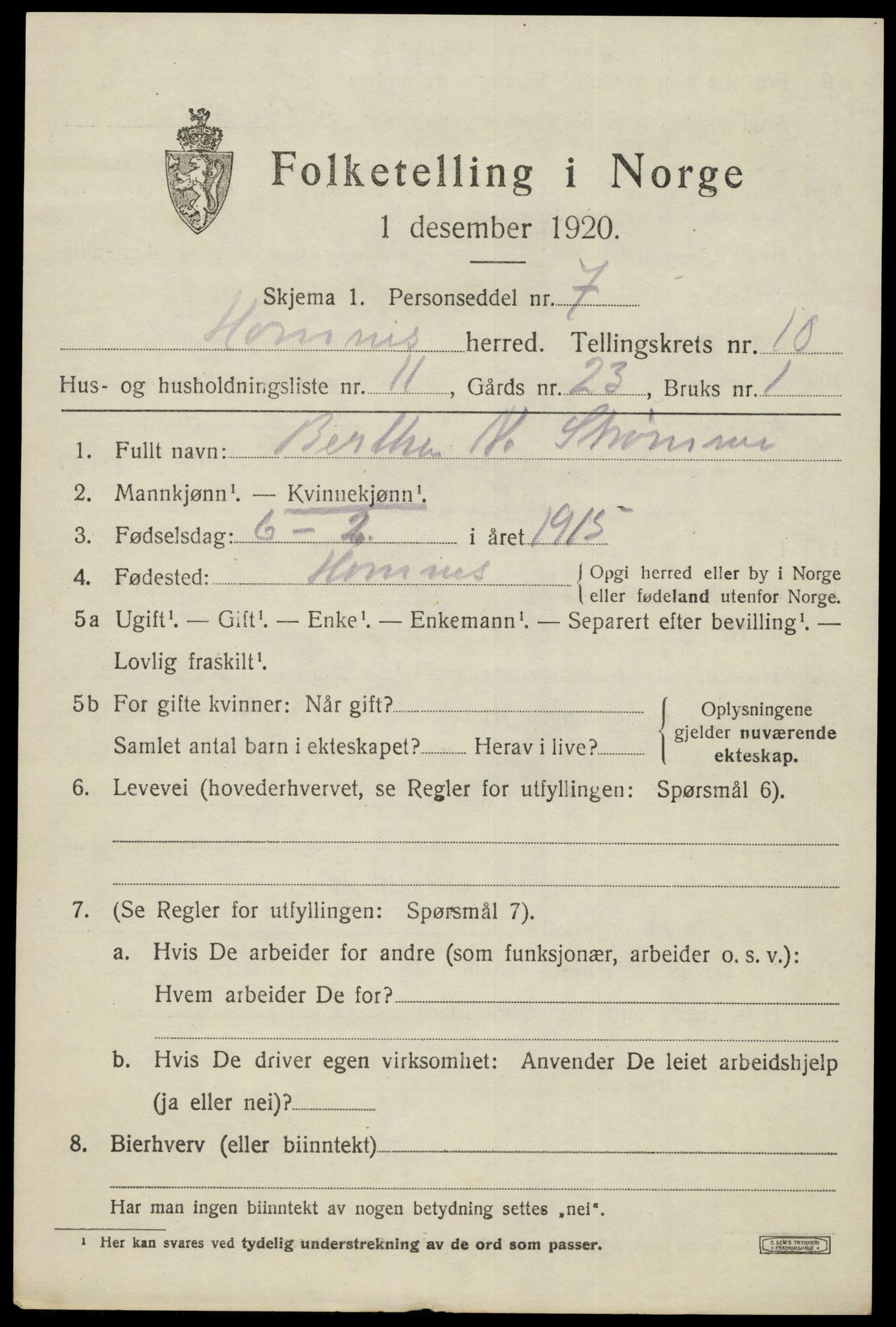 SAK, Folketelling 1920 for 0936 Hornnes herred, 1920, s. 2627