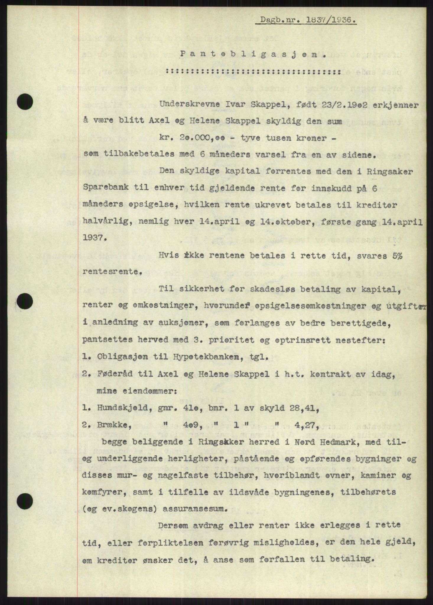 Nord-Hedmark sorenskriveri, SAH/TING-012/H/Hb/Hbf/L0001: Pantebok nr. B1, 1936-1936, Dagboknr: 1837/1936