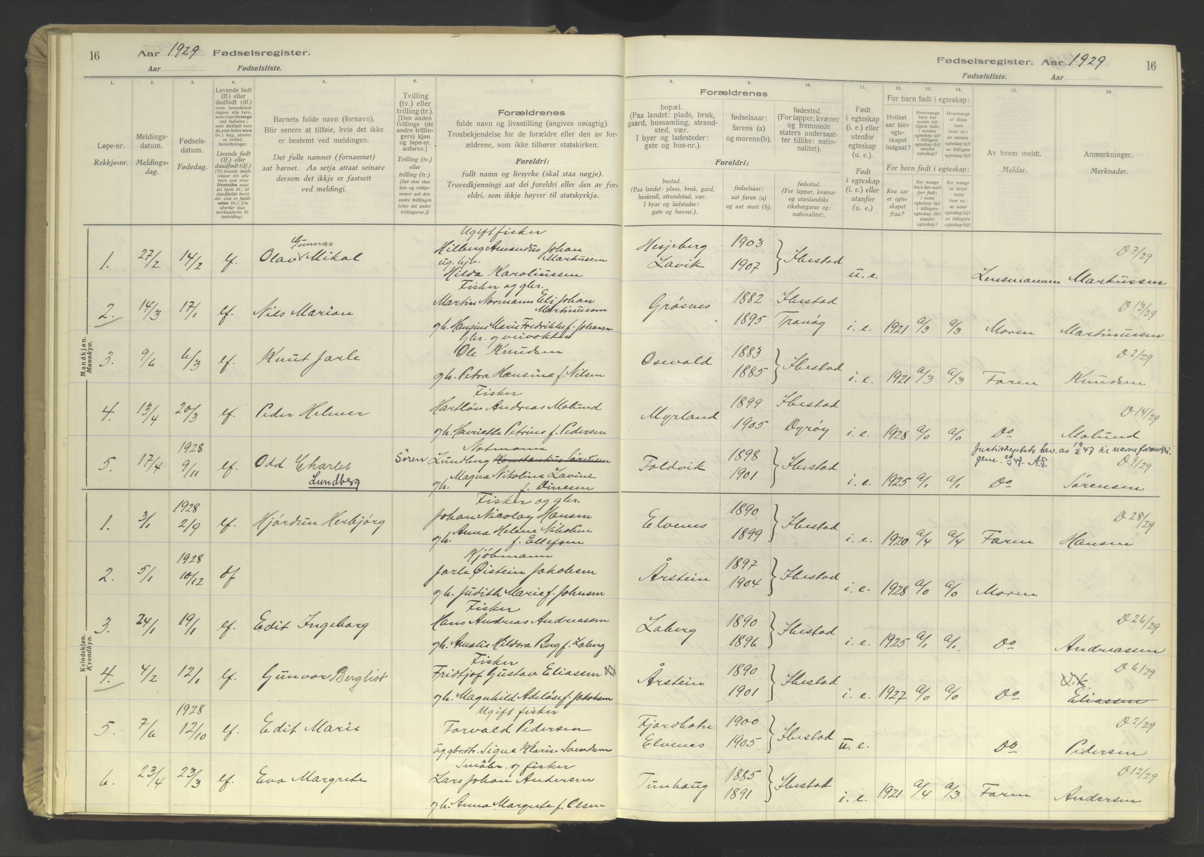 Ibestad sokneprestembete, AV/SATØ-S-0077/I/Ic/L0064: Fødselsregister nr. 64, 1926-1961, s. 16