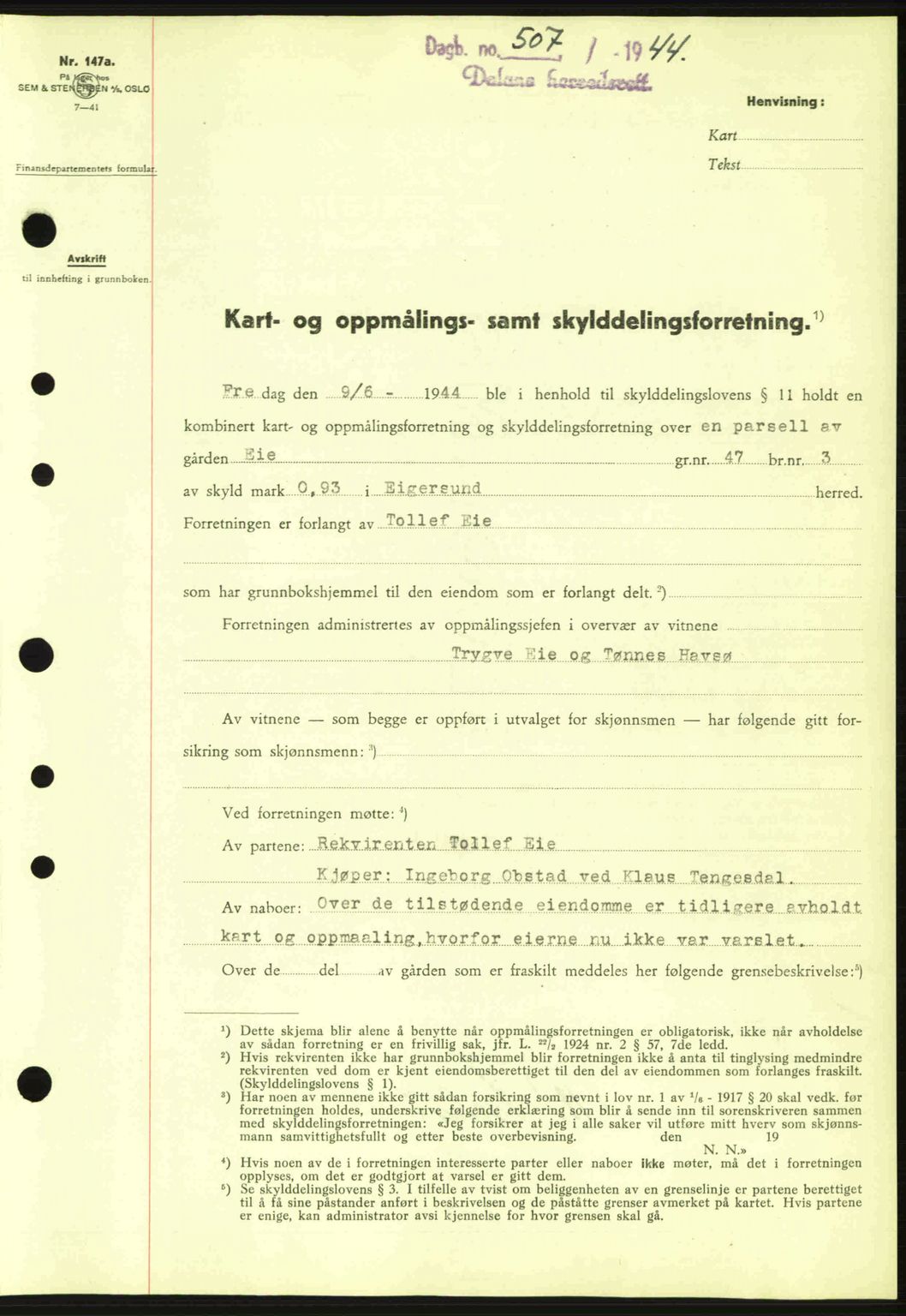 Dalane sorenskriveri, SAST/A-100309/02/G/Gb/L0047: Pantebok nr. A8 I, 1944-1945, Dagboknr: 507/1944