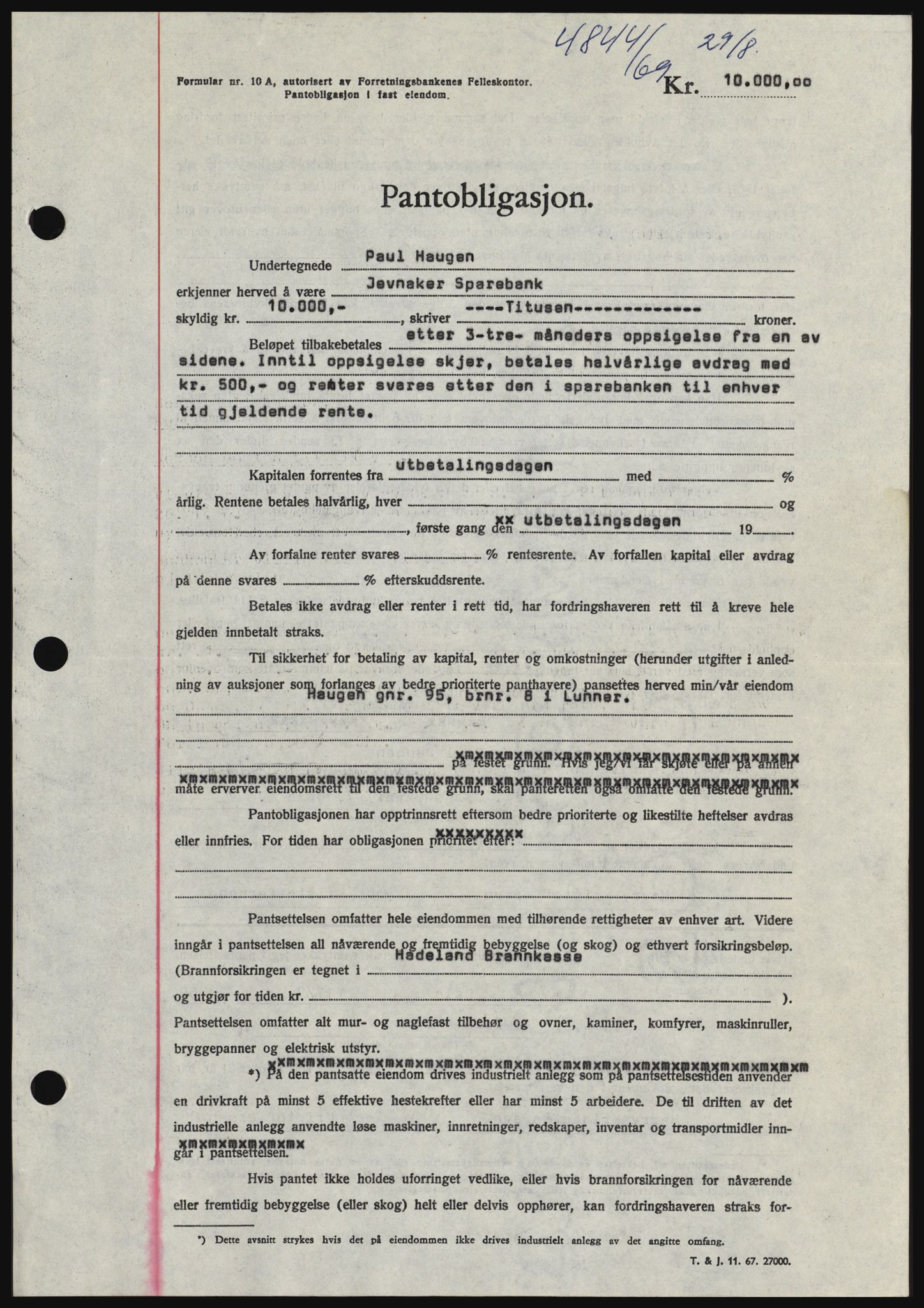 Hadeland og Land tingrett, SAH/TING-010/H/Hb/Hbc/L0074: Pantebok nr. B74, 1969-1969, Dagboknr: 4844/1969