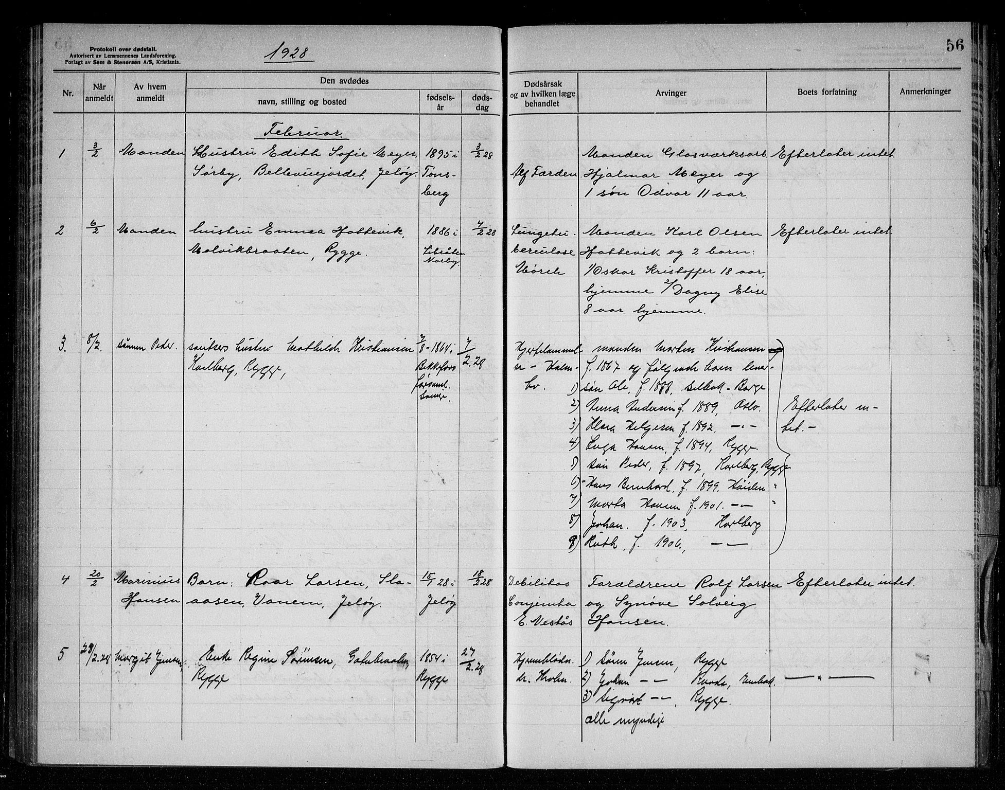 Rygge lensmannskontor, SAO/A-10005/H/Ha/Haa/L0008: Dødsfallsprotokoll, 1925-1929, s. 56