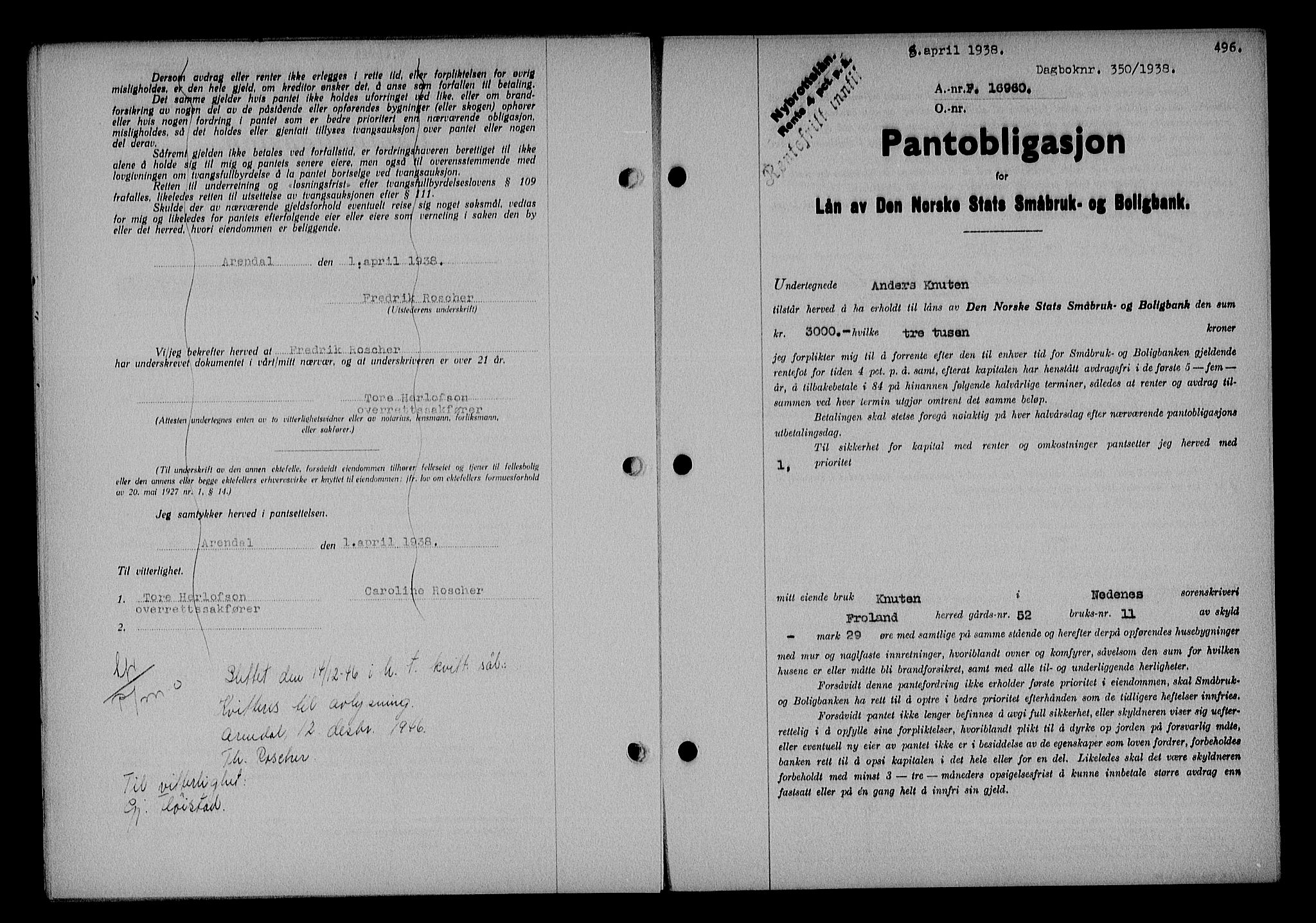 Nedenes sorenskriveri, SAK/1221-0006/G/Gb/Gba/L0044: Pantebok nr. 40, 1937-1938, Dagboknr: 350/1938