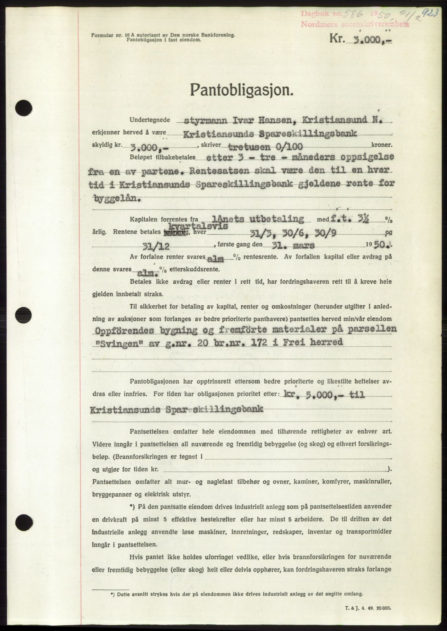 Nordmøre sorenskriveri, AV/SAT-A-4132/1/2/2Ca: Pantebok nr. B103, 1949-1950, Dagboknr: 586/1950