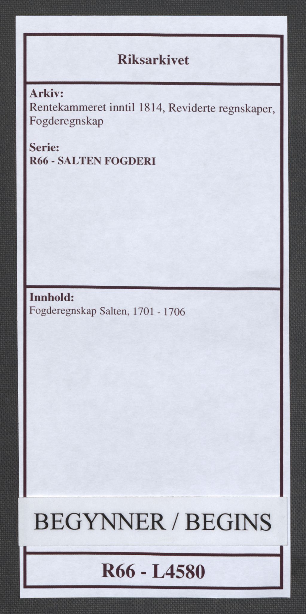 Rentekammeret inntil 1814, Reviderte regnskaper, Fogderegnskap, RA/EA-4092/R66/L4580: Fogderegnskap Salten, 1701-1706, s. 1
