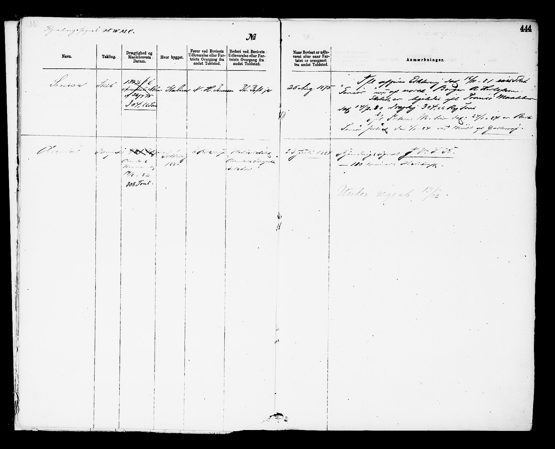 Arendal tollsted, AV/SAK-1351-0003/H/Ha/L0643: Protokoll over utleverte nasjonalitetsbevis, 1875-1892, s. 444